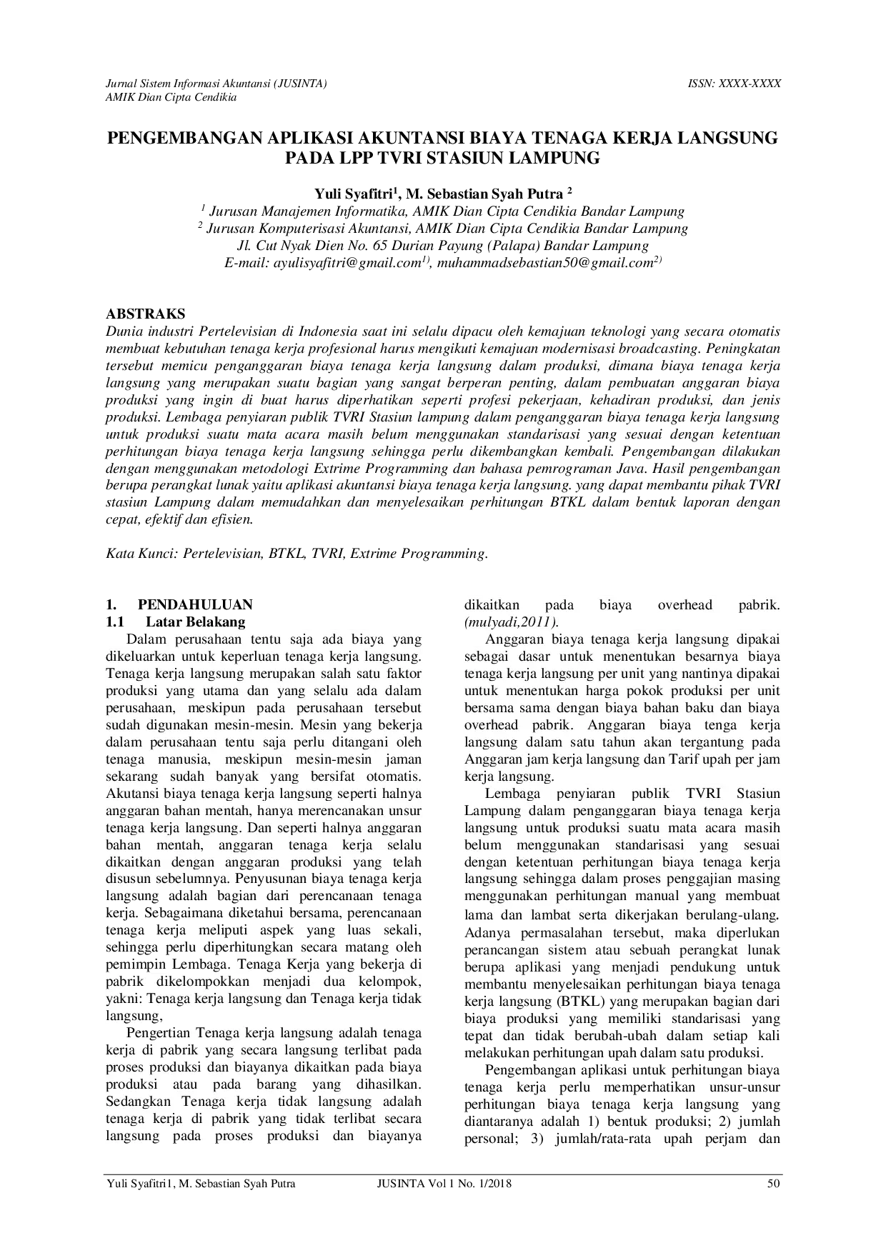 JURIS Aplikasi Akuntansi Biaya Tenaga Kerja Langsung BTKL pada Stasiun TVRI Bandar Lampung