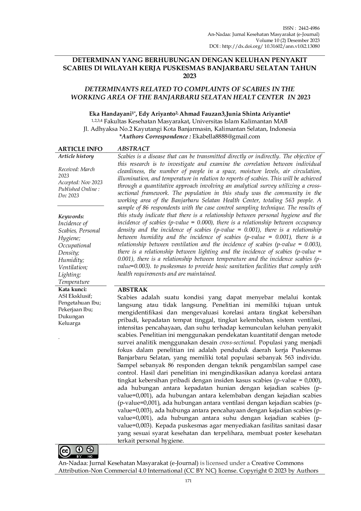 JURIS Determinan Yang Berhubungan Dengan Keluhan Penyakit Scabies Di Wilayah Kerja Puskesmas Banjarbaru Selatan Tahun 2023
