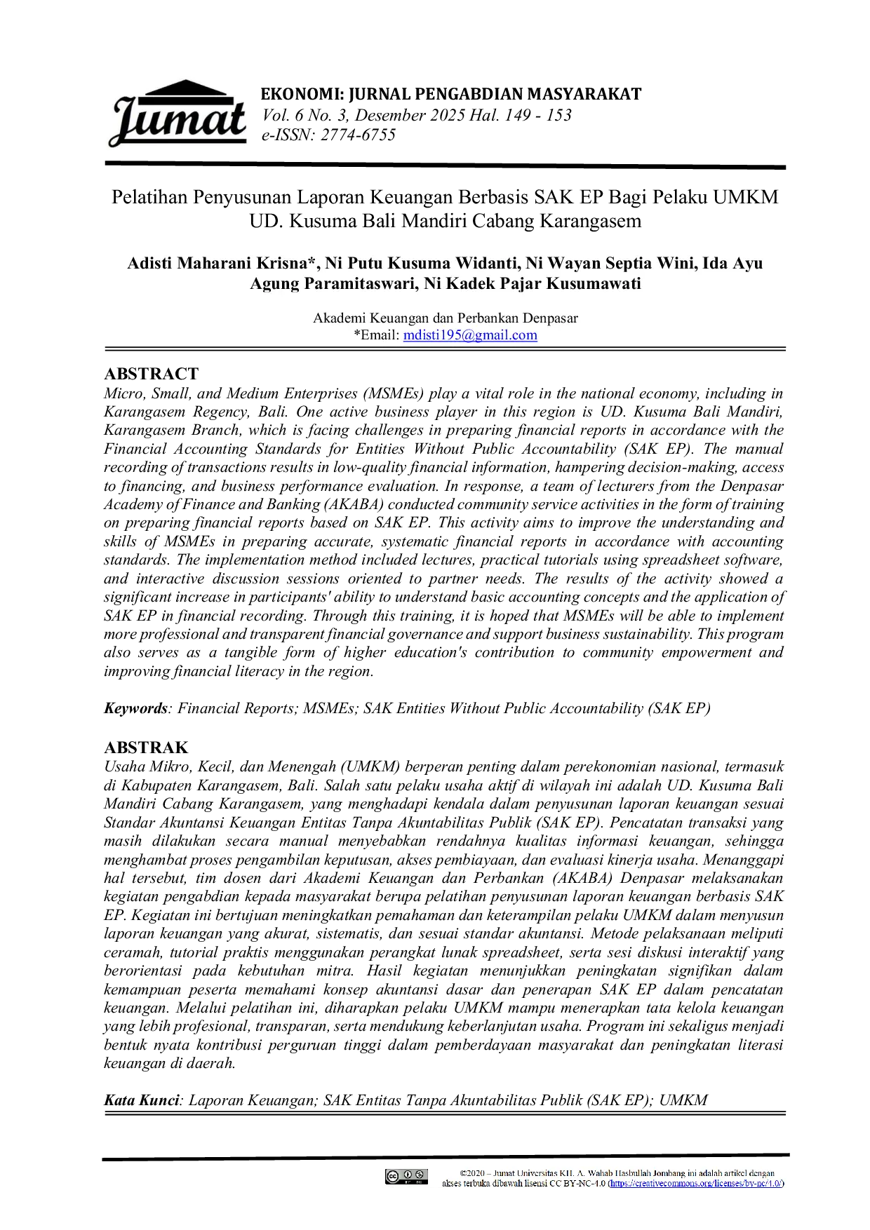 JURIS Pelatihan Penyusunan Laporan Keuangan Berbasis SAK EP Bagi Pelaku UMKM UD Kusuma Bali Mandiri Cabang Karangasem