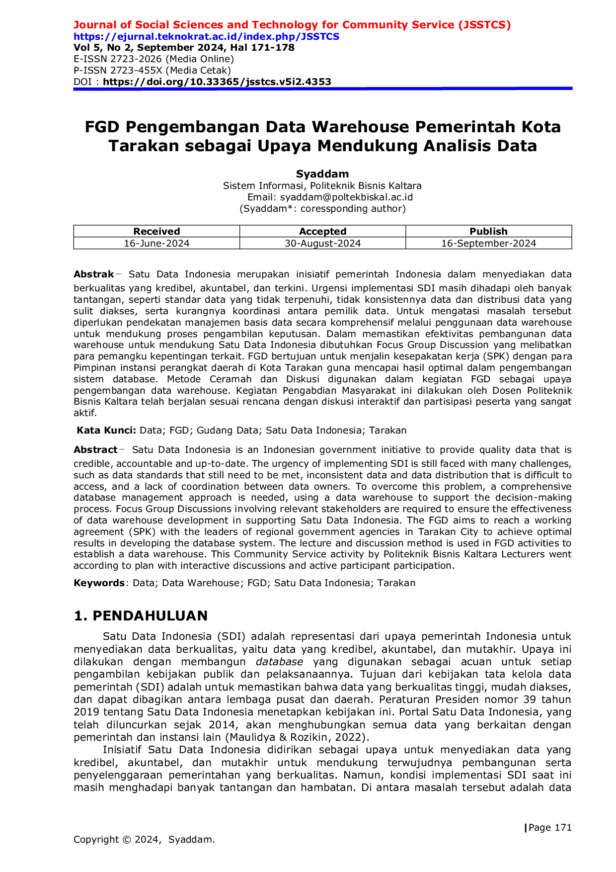 JURIS FGD Pengembangan Data Warehouse Pemerintah Kota Tarakan sebagai Upaya Mendukung Analisis Data