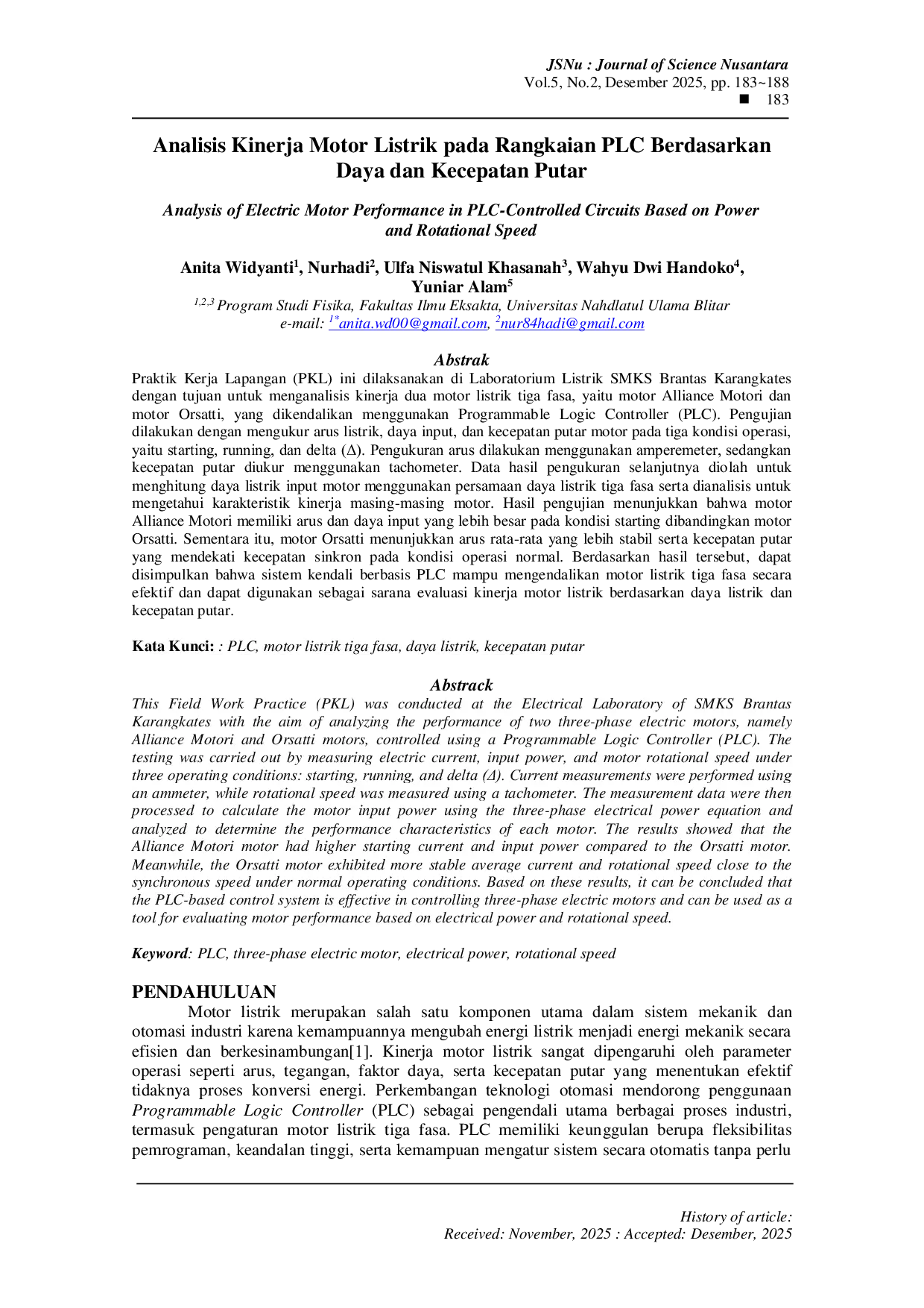 JURIS Analisis Kinerja Motor Listrik pada Rangkaian PLC Berdasarkan Daya dan Kecepatan Putar