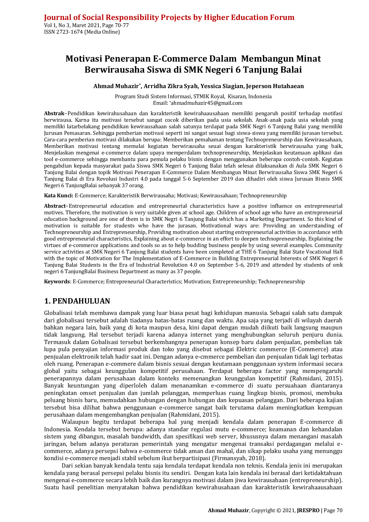 JURIS Motivasi Penerapan E Commerce Dalam Membangun Minat Berwirausaha Siswa di SMK Negeri 6 Tanjung Balai