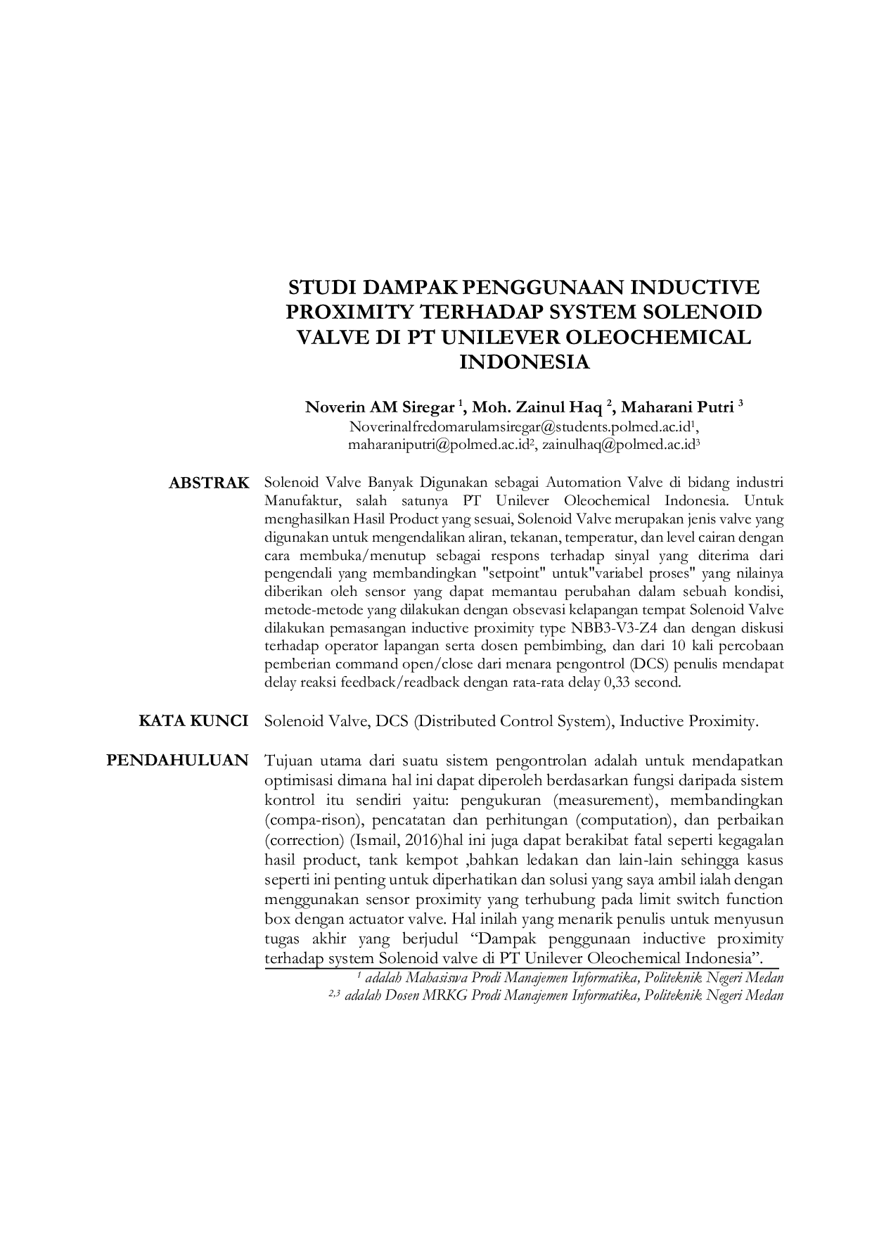 JURIS Studi Dampak Penggunaan Inductive Proximity Terhadap System Solenoid Valve di PT Unilever Oleochemical Indonesia