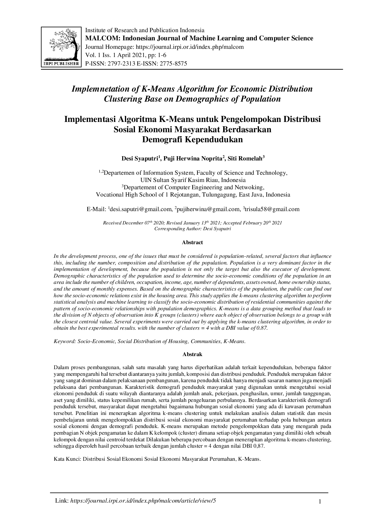 juris Implementasi Algoritma K Means untuk Pengelompokan Distribusi Sosial Ekonomi Masyarakat Berdasarkan Demografi Kependudukan