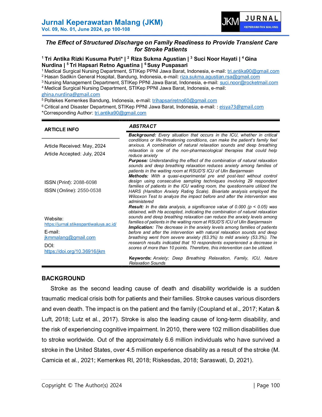 JURIS The Effect of Structured Discharge on Family Readiness to Provide Transient Care for Stroke Patients
