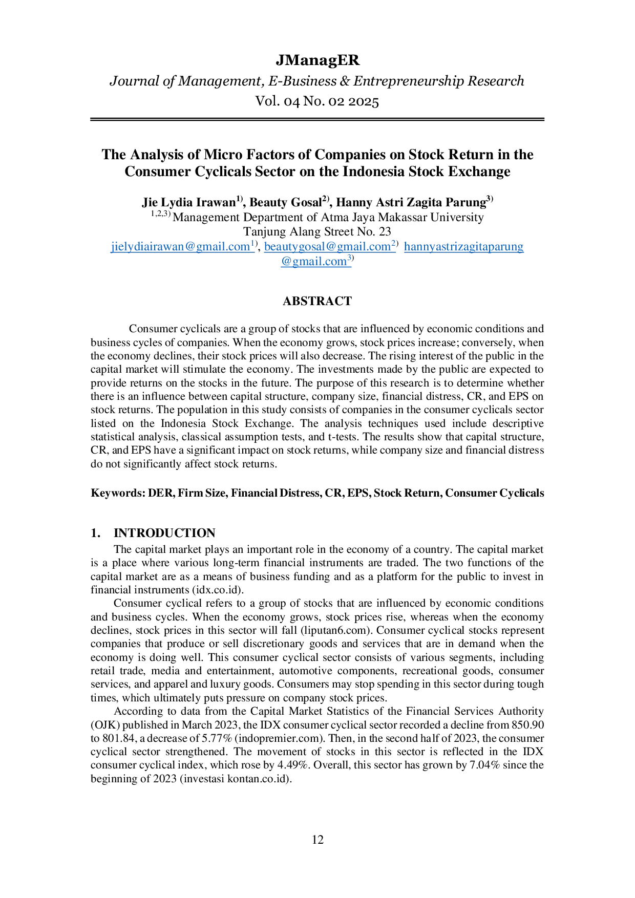 JURIS The Analysis of Micro Factors of Companies on Stock Return in the Consumer Cyclicals Sector on the Indonesia Stock Exchange