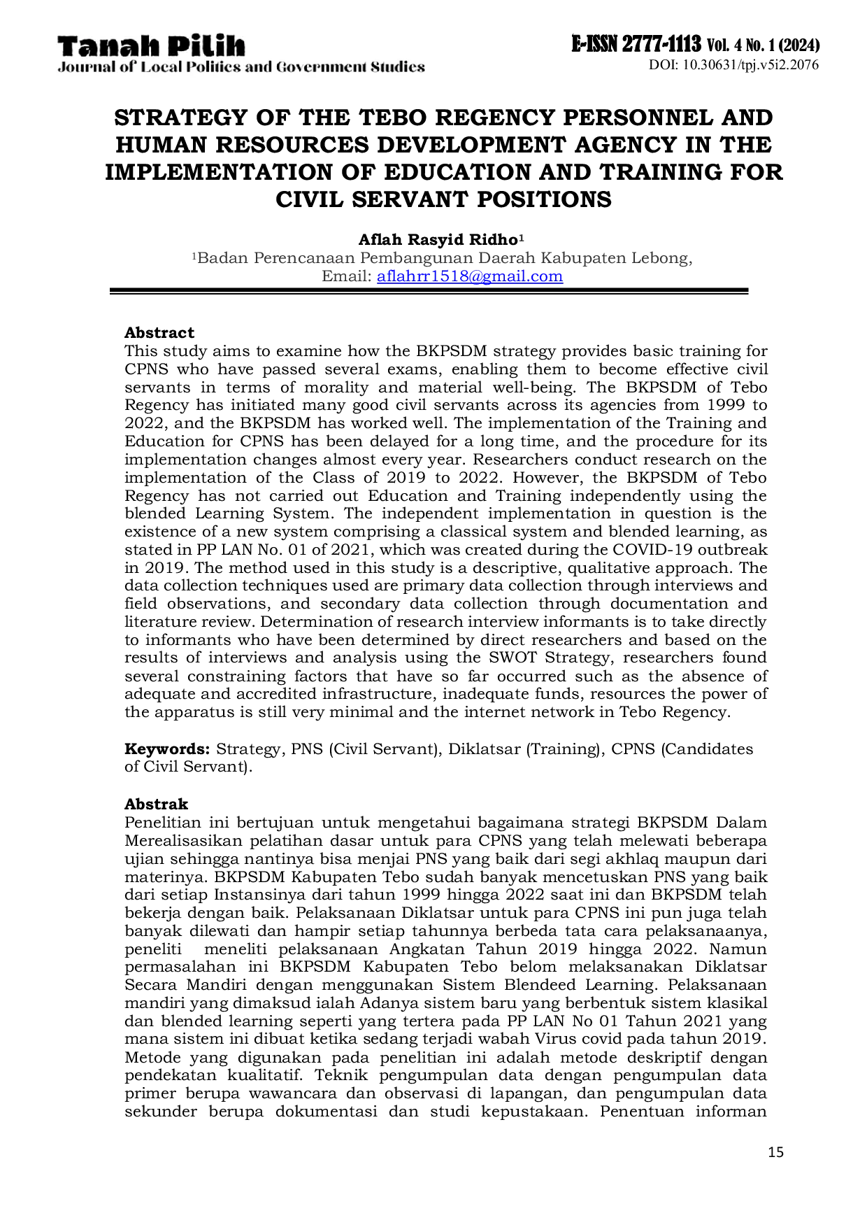 JURIS Strategy of the Tebo Regency Personnel and Human Resources Development Agency in the Implementation of Education and Training for Civil Servant Positions
