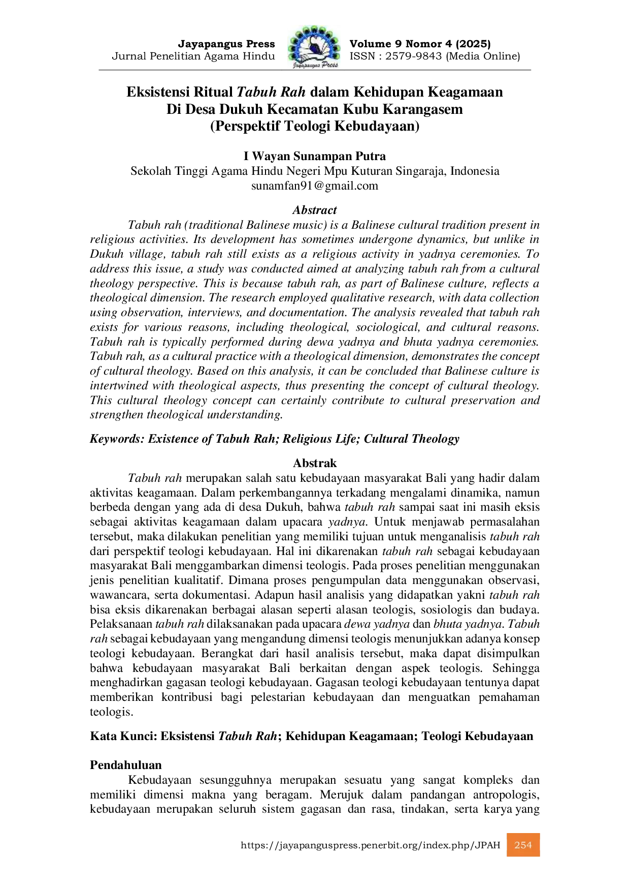JURIS Eksistensi Ritual Tabuh Rah dalam Kehidupan Keagamaan Di Desa Dukuh Kecamatan Kubu Karangasem Perspektif Teologi Kebudayaan