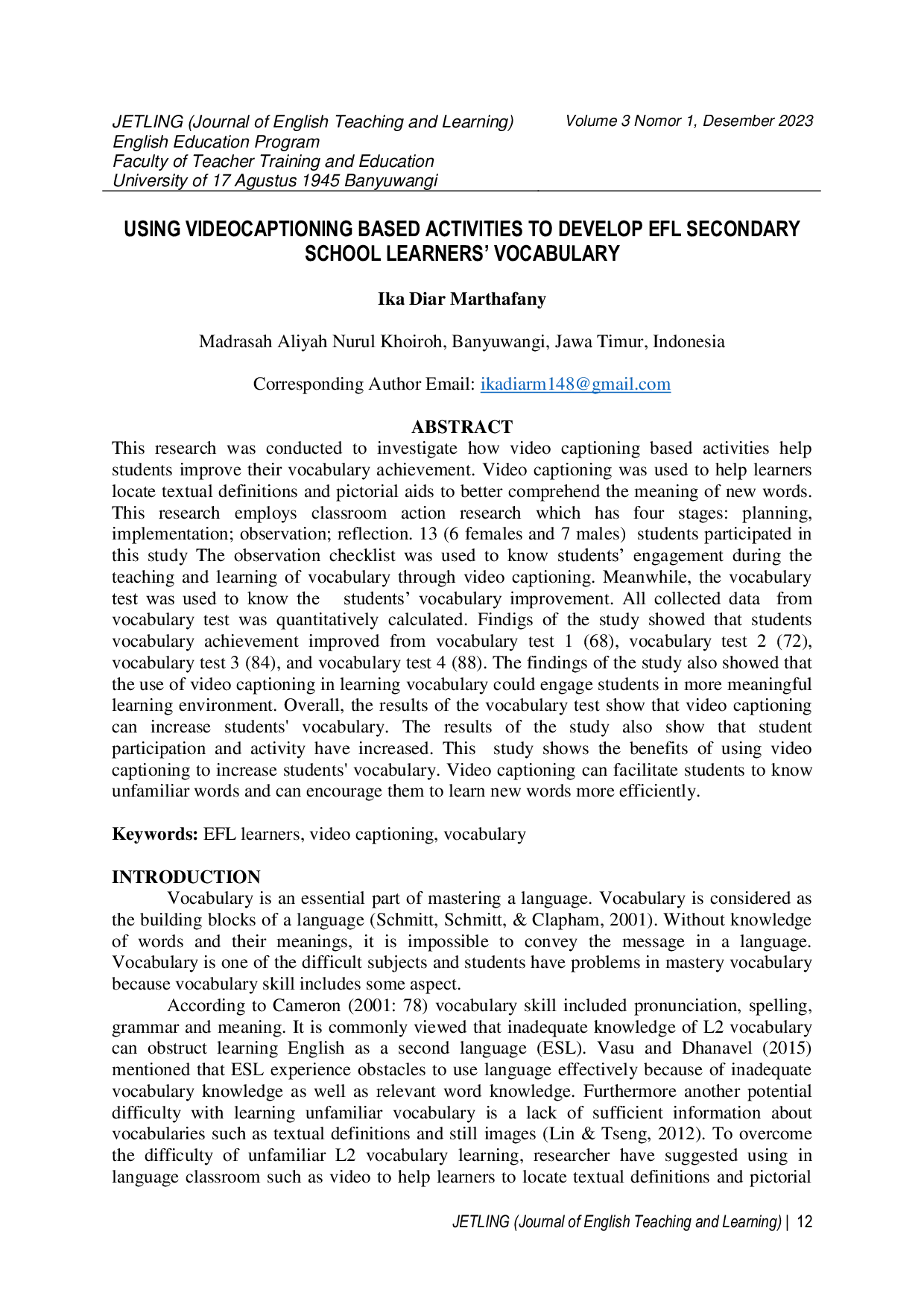 JURIS USING VIDEOCAPTIONING BASED ACTIVITIES TO DEVELOP EFL SECONDARY SCHOOL LEARNERS VOCABULARY