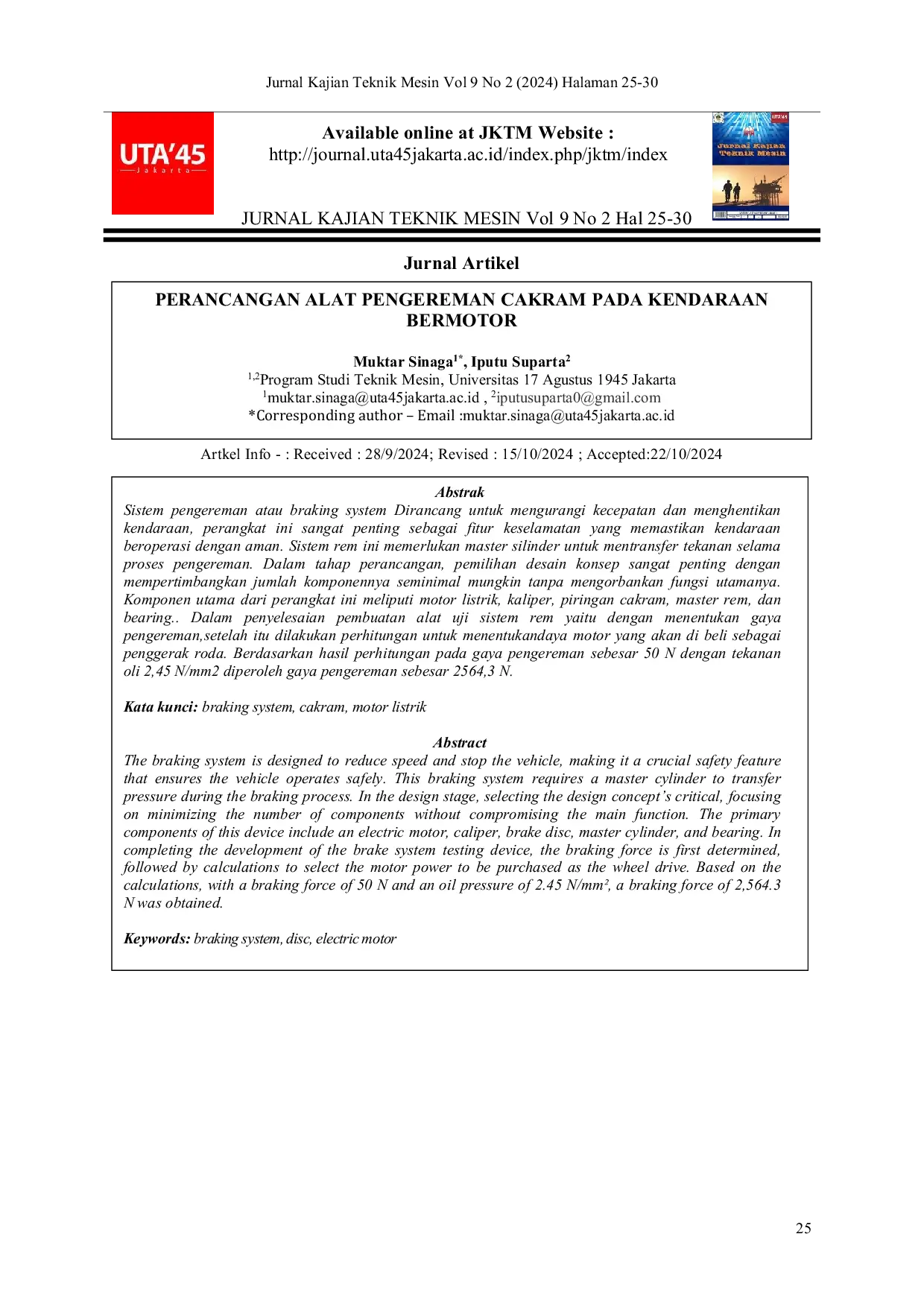 JURIS Perancangan Alat Pengereman Cakram Pada Kendaraan Bermotor