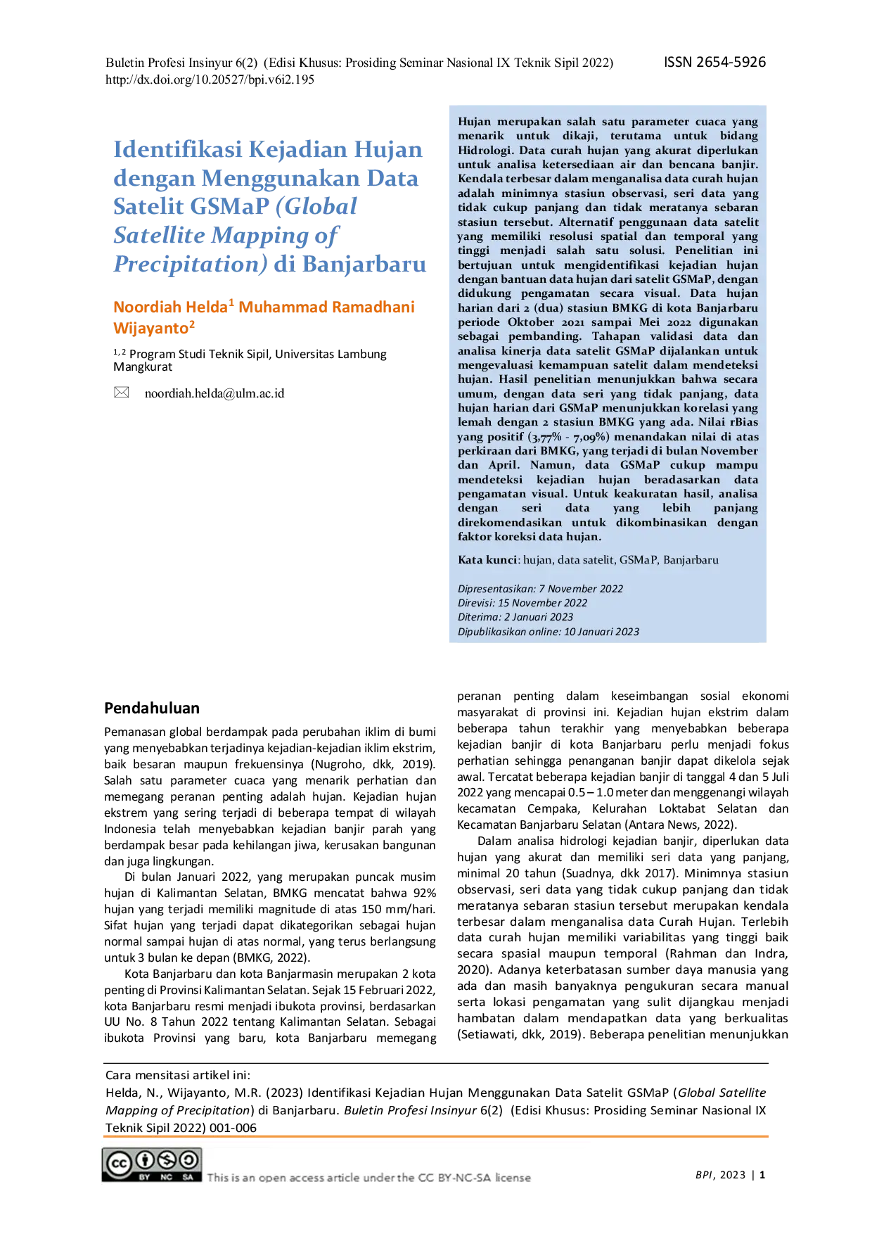 JURIS Identifikasi Kejadian Hujan dengan Menggunakan Data Satelit GSMaP Global Satellite Mapping of Precipitation di Banjarbaru