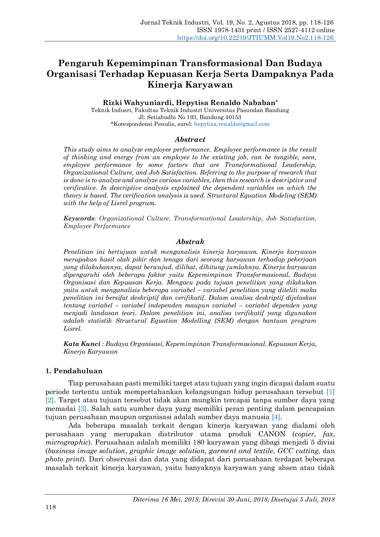 JURIS Pengaruh Kepemimpinan Transformasional Dan Budaya Organisasi Terhadap Kepuasan Kerja Serta Dampaknya Pada Kinerja Karyawan