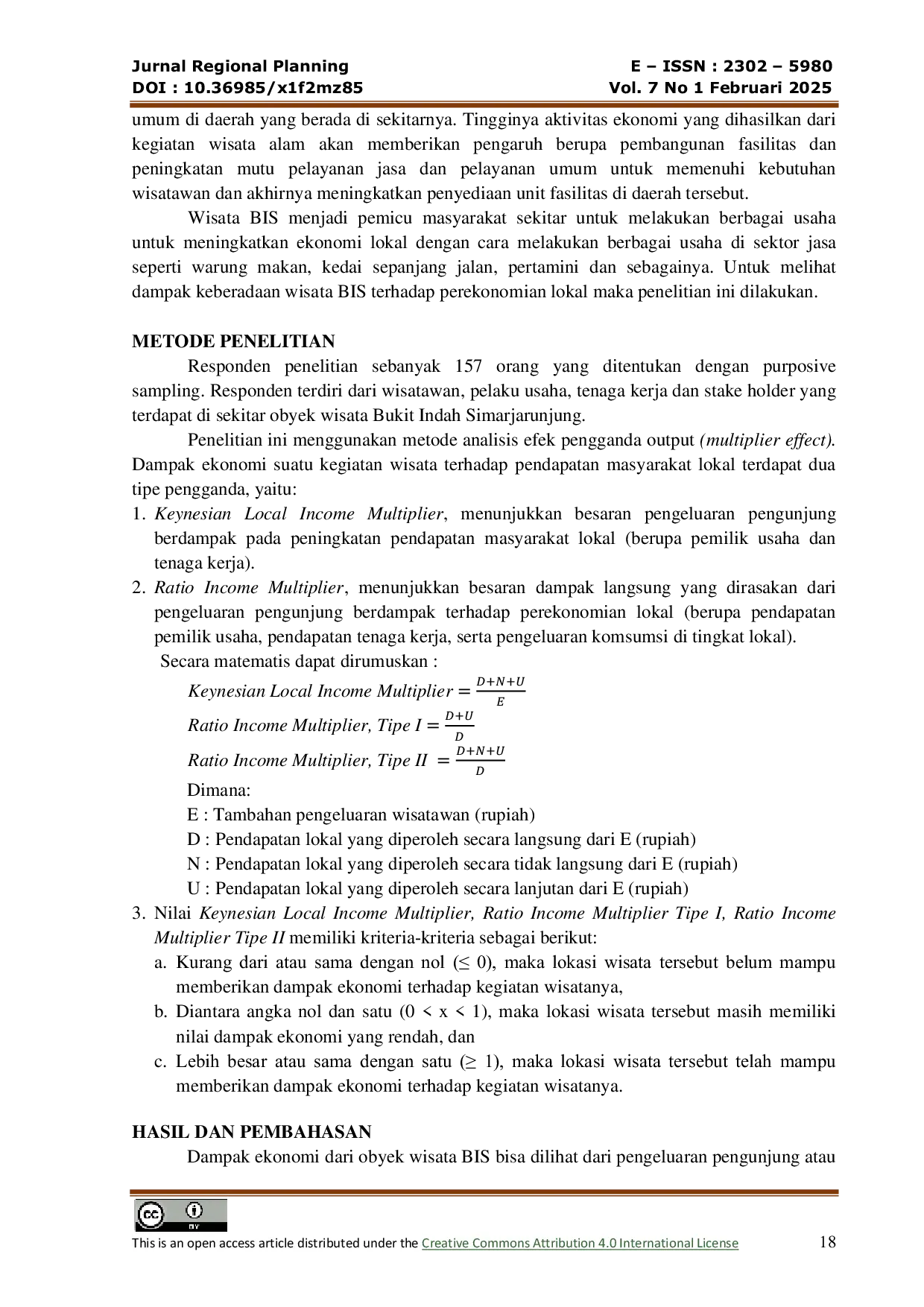 JURIS Analisis Dampak Obyek Wisata Bukit Indah Simarjarunjung Terhadap Ekonomi Lokal