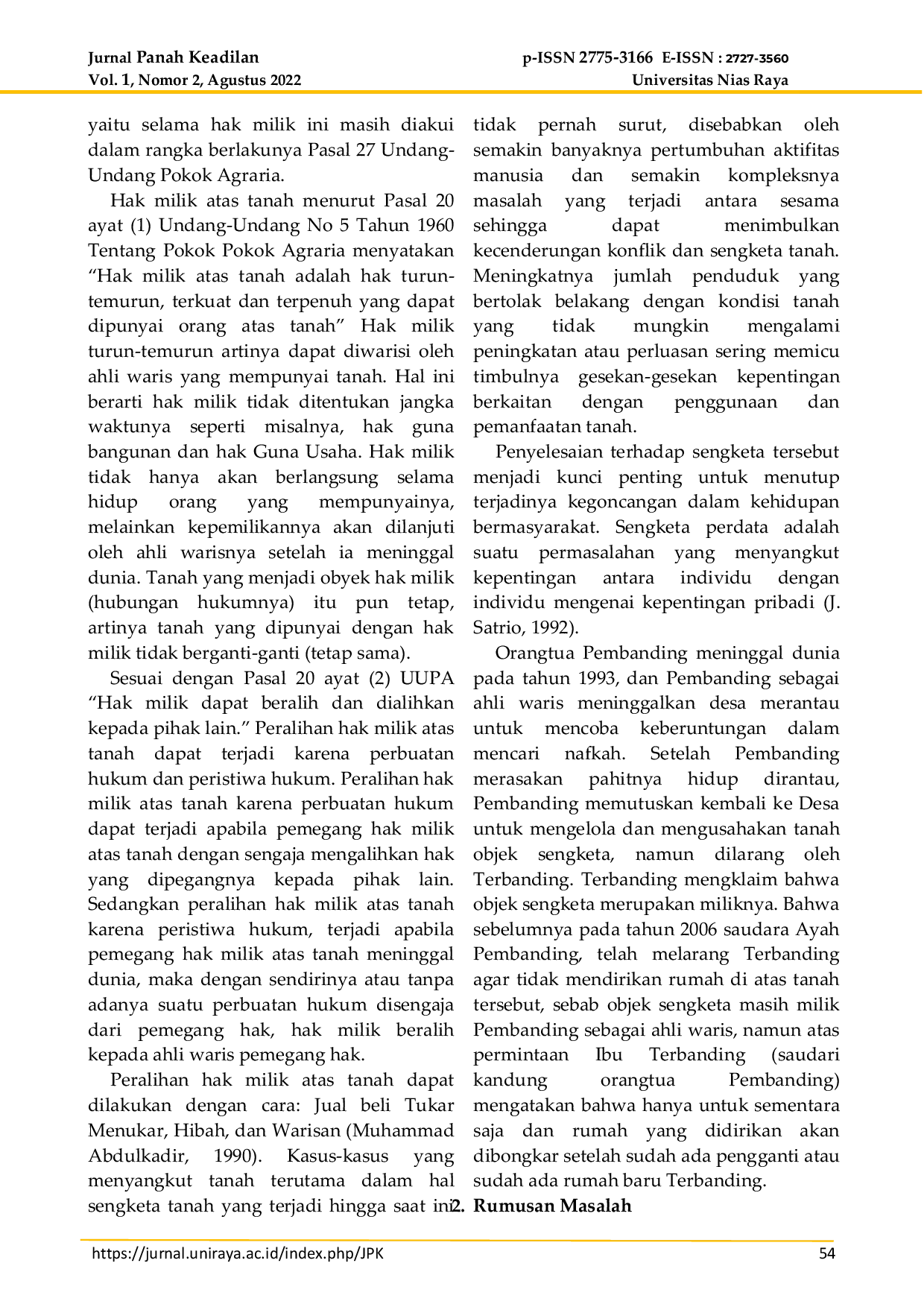 JURIS Kepemilikan Hak Atas Tanah Warisan Yang Diperoleh Melalui Harta Peninggalan Orang Tua