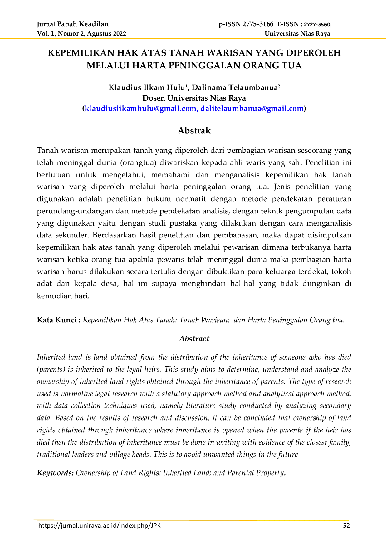 JURIS Kepemilikan Hak Atas Tanah Warisan Yang Diperoleh Melalui Harta Peninggalan Orang Tua