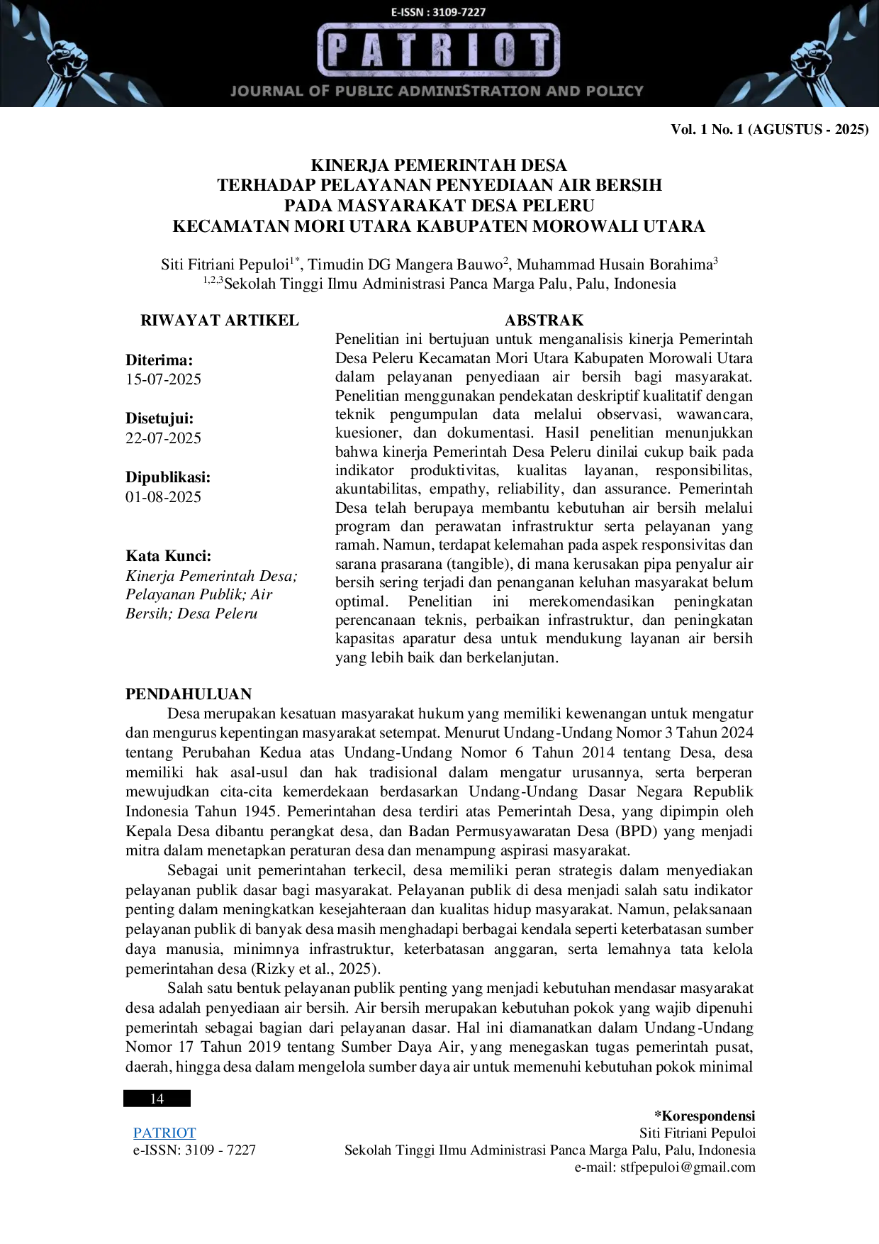 JURIS Kinerja Pemerintah Desa Terhadap Pelayanan Penyediaan Air Bersih pada Masyarakat Desa Peleru Kecamatan Mori Utara Kabupaten Morowali Utara