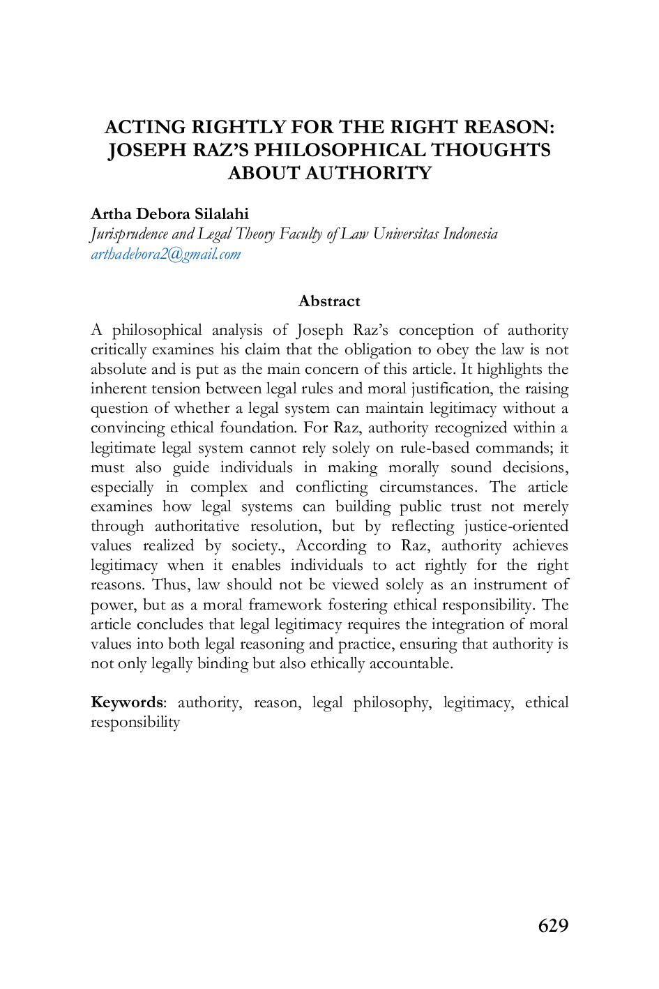 JURIS Acting Rightly For The Right Reason Joseph Raz s Philosophical Thoughts About Authority