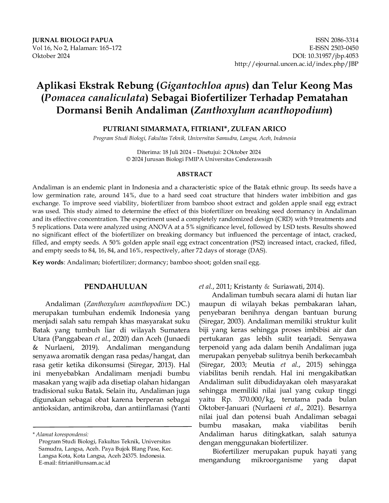 JURIS Aplikasi Ekstrak Rebung Gigantochloa apus dan Telur Keong Mas Pomacea canaliculata Sebagai Biofertilizer Terhadap Pematahan Dormansi Benih Andaliman Zanthoxylum acanthopodium