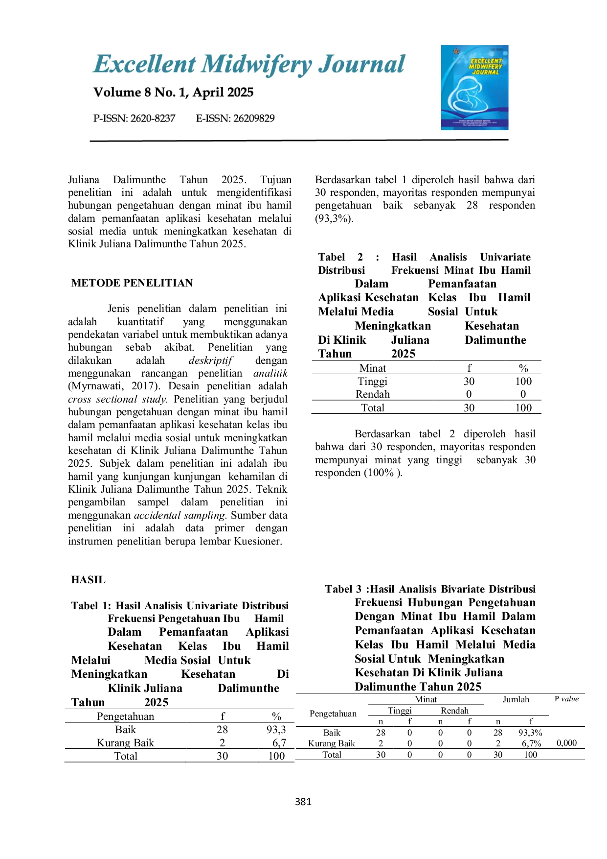 JURIS Hubungan Pengetahuan dengan Minat Ibu Hamil dalam Pemanfaatan Aplikasi Kesehatan Kelas Ibu Hamil Melalui Media Sosial untuk Meningkatkan Kesehatan di Klinik Juliana Dalimunthe Tahun 2025