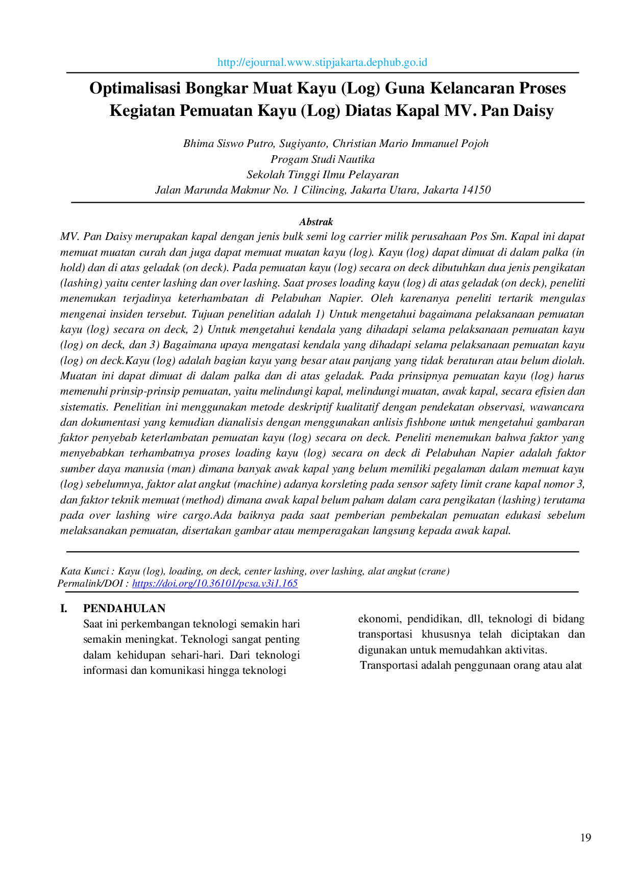 JURIS Optimalisasi Bongkar Muat Kayu Log Guna Kelancaran Proses Kegiatan Pemuatan Kayu Log Diatas Kapal MV Pan Daisy