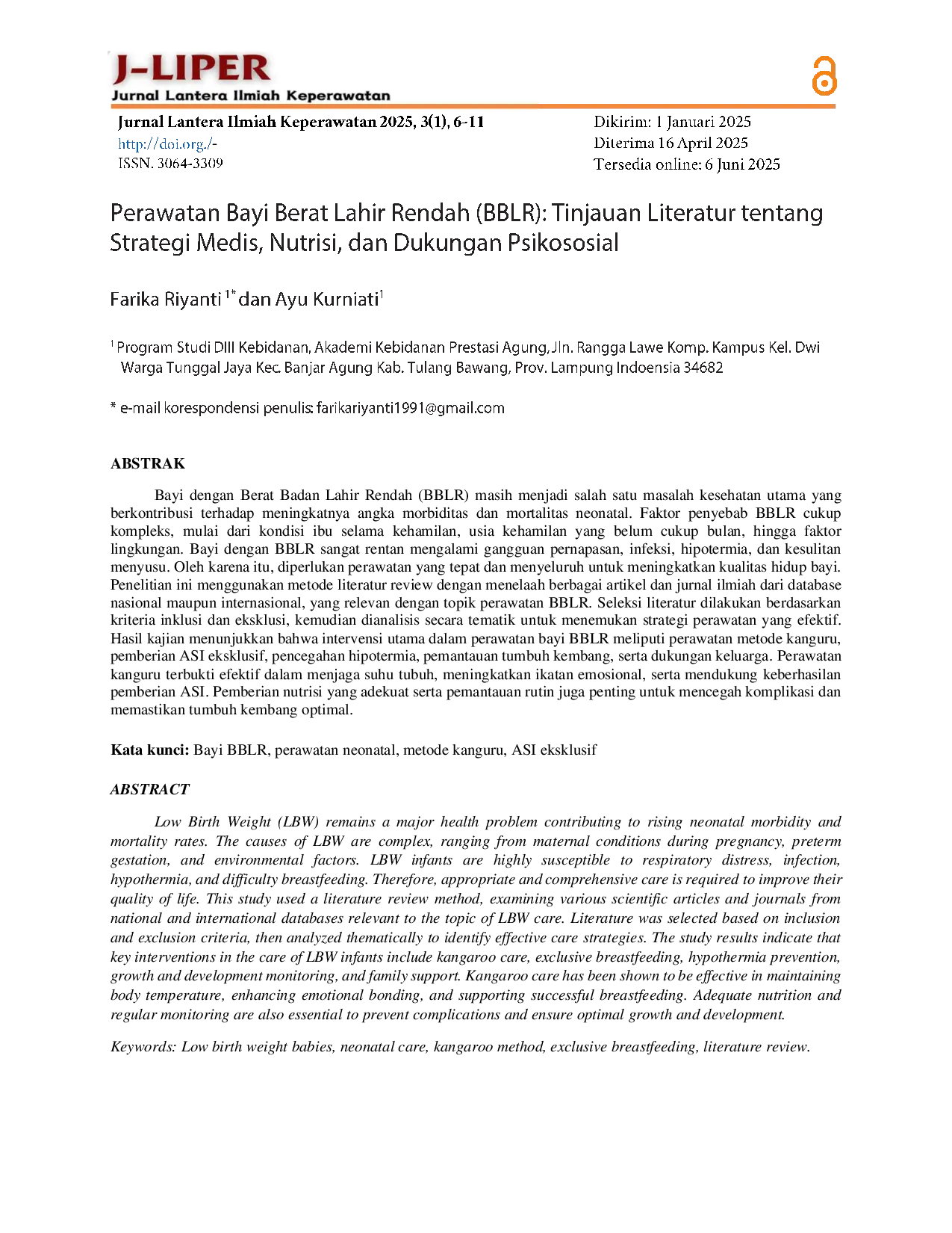 JURIS Perawatan Bayi Berat Lahir Rendah BBLR Tinjauan Literatur tentang Strategi Medis Nutrisi dan Dukungan Psikososial