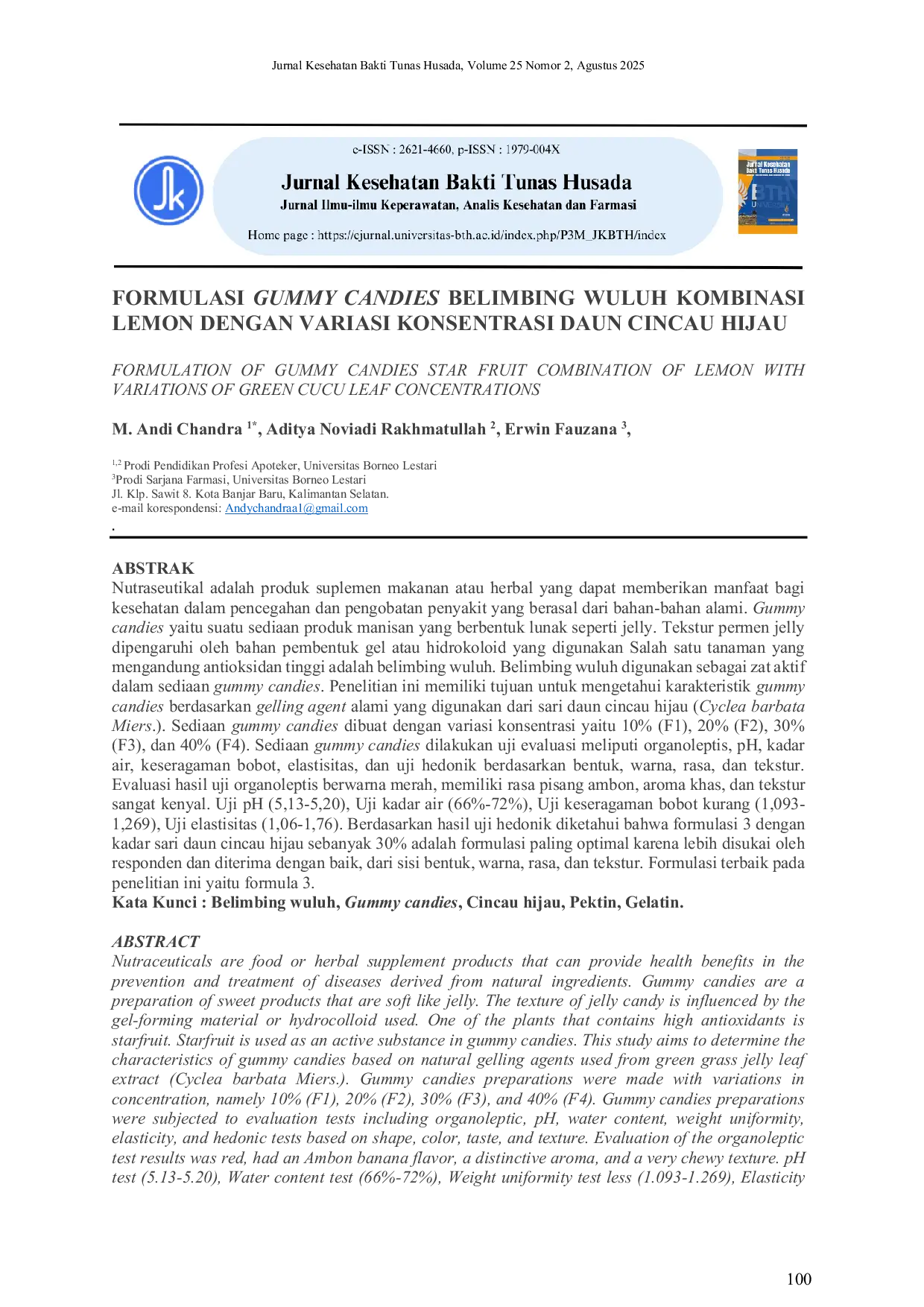 JURIS Formulasi Gummy Candies Belimbing Wuluh Kombinasi Lemon Dengan Variasi Konsentrasi Daun Cincau Hijau