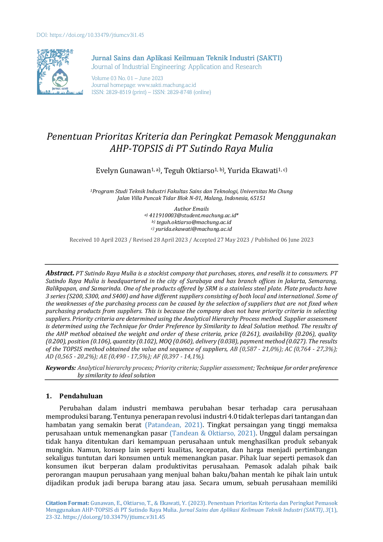 JURIS Penentuan Prioritas Kriteria dan Peringkat Pemasok Menggunakan AHP TOPSIS di PT Sutindo Raya Mulia