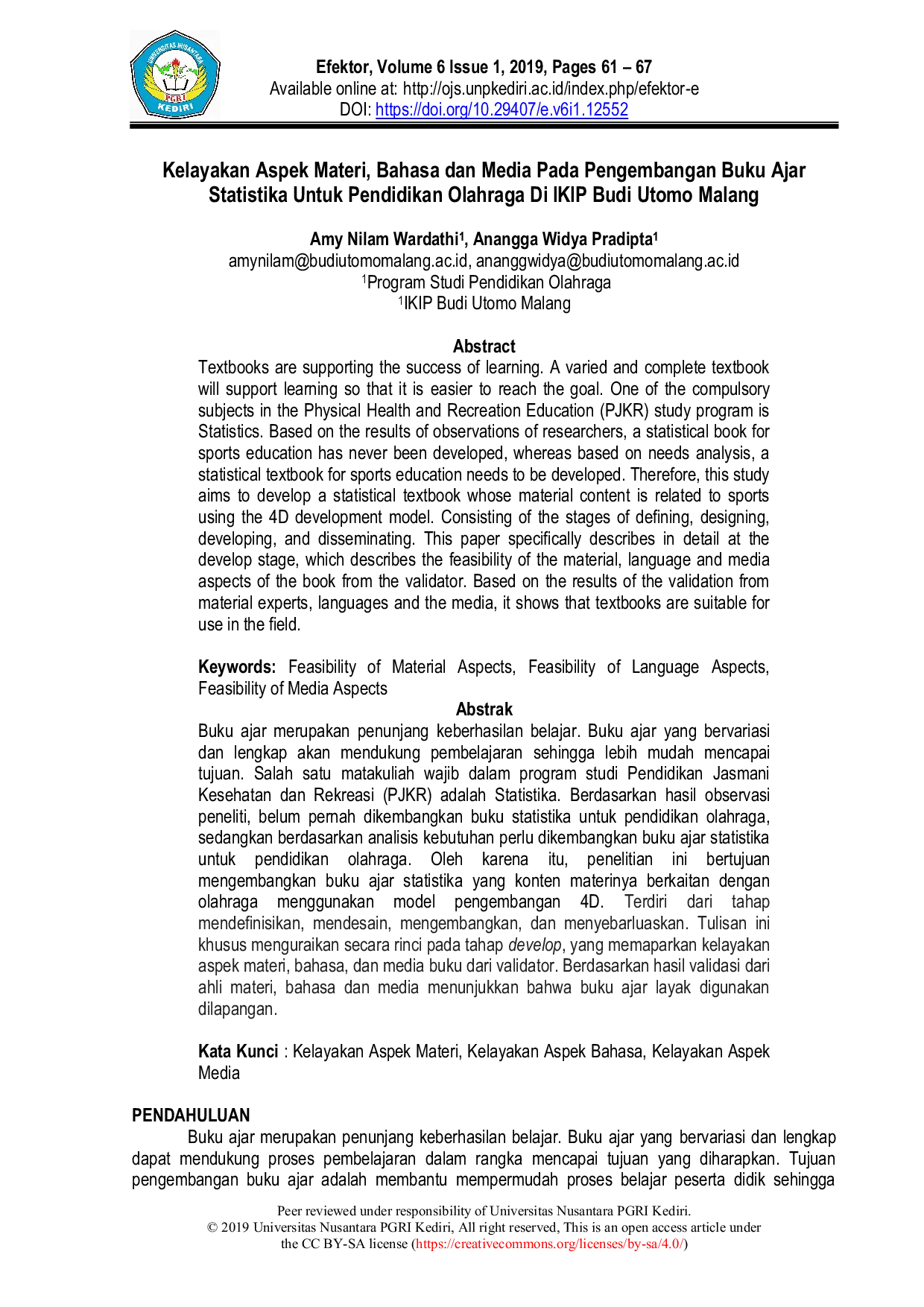 JURIS Feasibility of Material Language and Media Aspects in the Development of Statistics Textbooks for Physical Education at IKIP Budi Utomo Malang