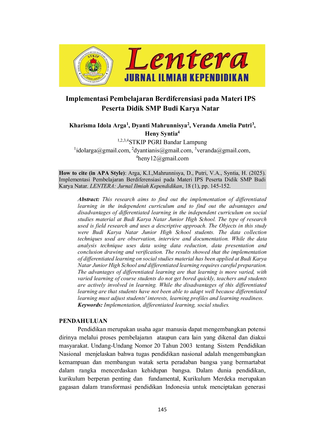 JURIS Implementasi Pembelajaran Berdiferensiasi pada Materi IPS Peserta Didik SMP Budi Karya Natar