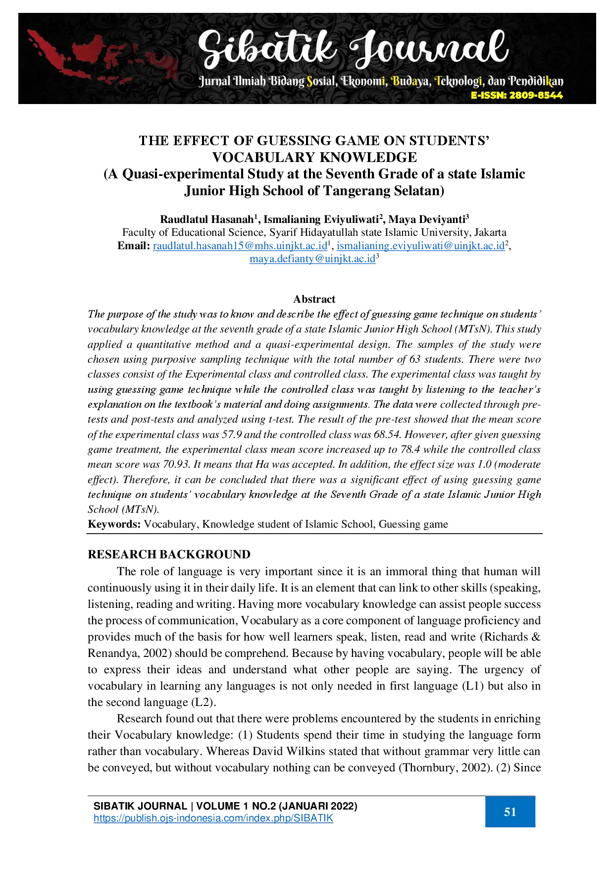 juris The Effect of Guessing Game on Students Vocabulary Knowledge A Quasi experimental Study at the Seventh Grade of a State Islamic Junior High School of Tangerang Selatan