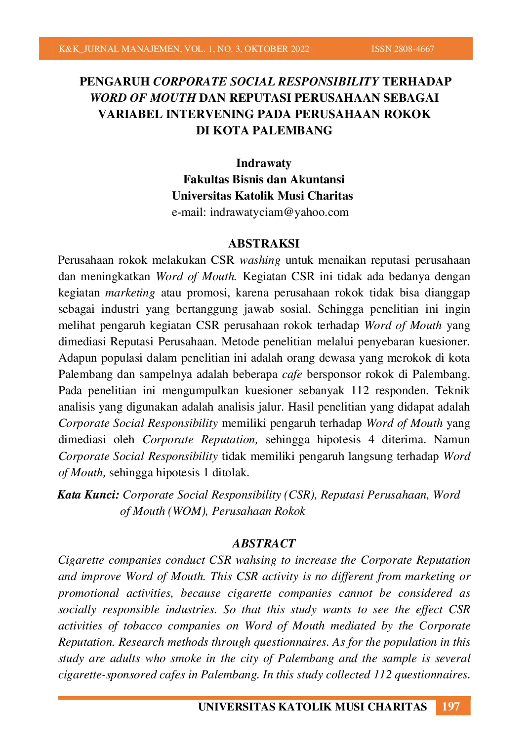 JURIS Pengaruh Corporate Social Responsibility Terhadap Word Of Mouth Dan Reputasi Perusahaan Sebagai Variabel Intervening Pada Perusahaan Rokok Di Kota Palembang