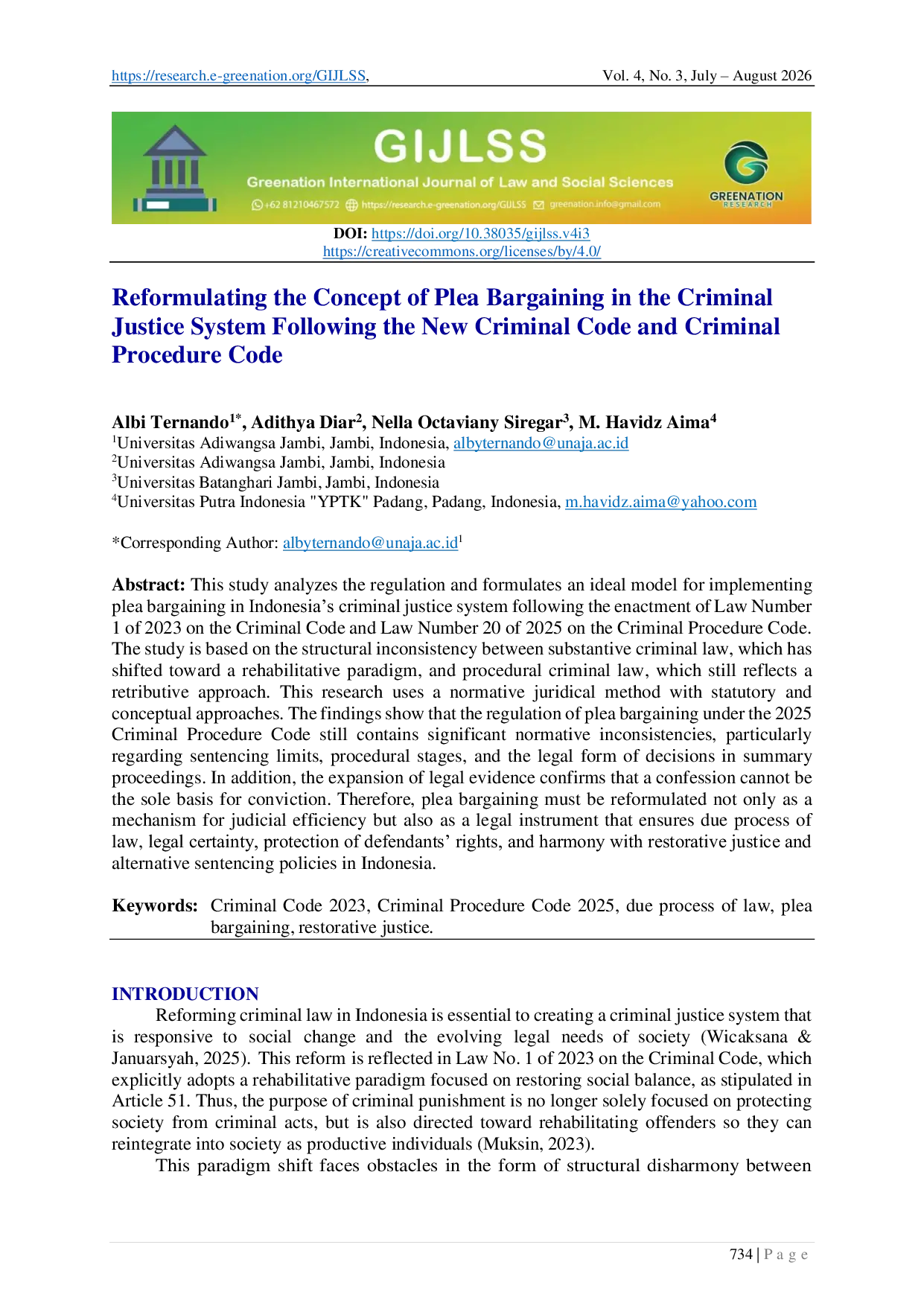 JURIS Reformulating the Concept of Plea Bargaining in the Criminal Justice System Following the New Criminal Code and Criminal Procedure Code