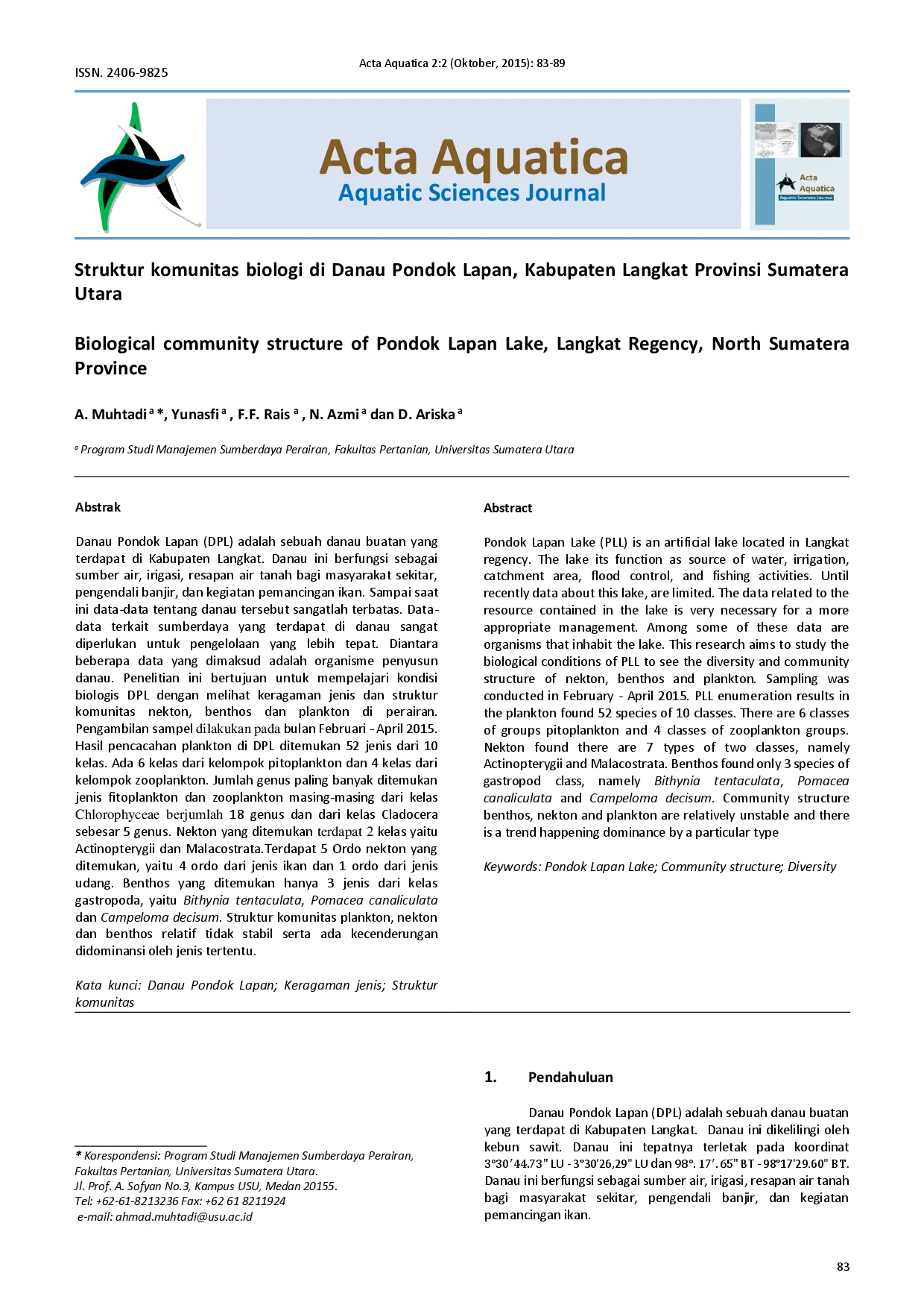 juris Struktur komunitas biologi di Danau Pondok Lapan Kabupaten Langkat Provinsi Sumatera Utara
