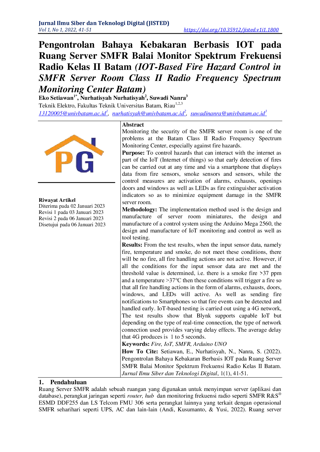 JURIS Pengontrolan Bahaya Kebakaran Berbasis IOT pada Ruang Server SMFR Balai Monitor Spektrum Frekuensi Radio Kelas II Batam