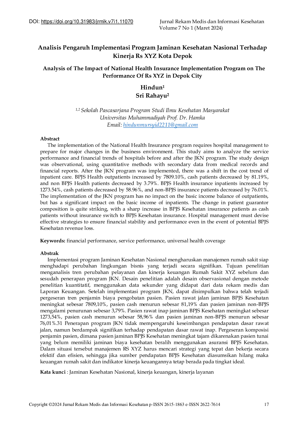 JURIS Analisis Pengaruh Implementasi Program Jaminan Kesehatan Nasional Terhadap Kinerja RS XYZ Kota Depok