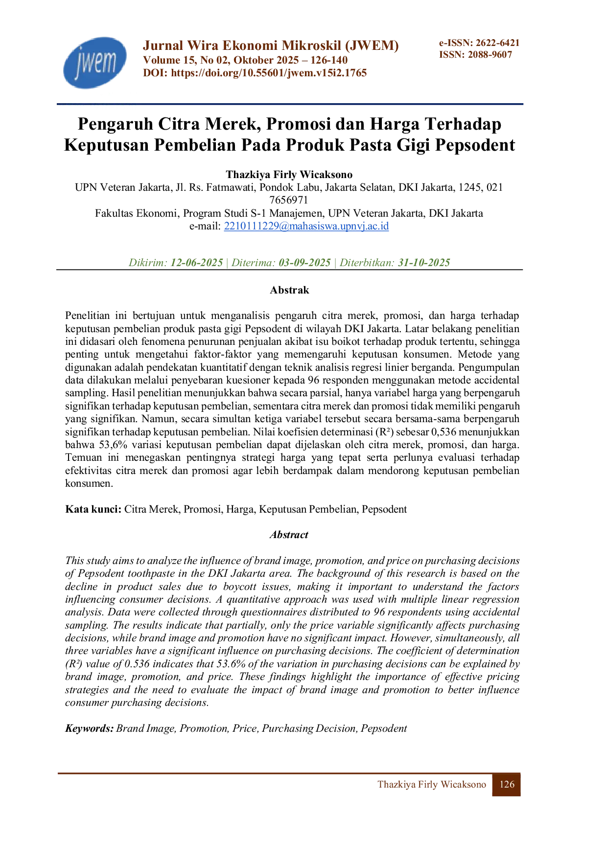 JURIS Pengaruh Citra Merek Promosi Dan Harga Terhadap Keputusan Pembelian Pada Produk Pasta Gigi Pepsodent