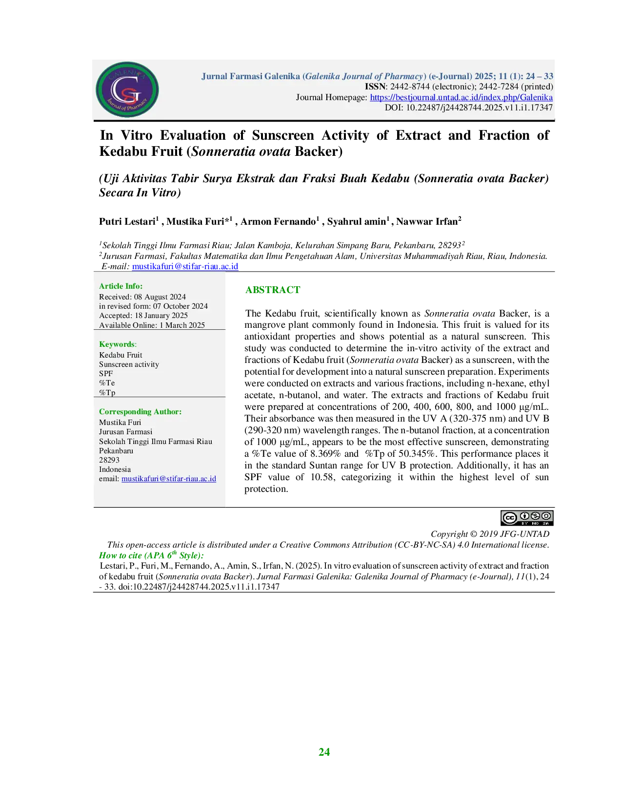 JURIS In Vitro Evaluation of Sunscreen Activity of Extract and Fraction of Kedabu Fruit Sonneratia ovata Backer