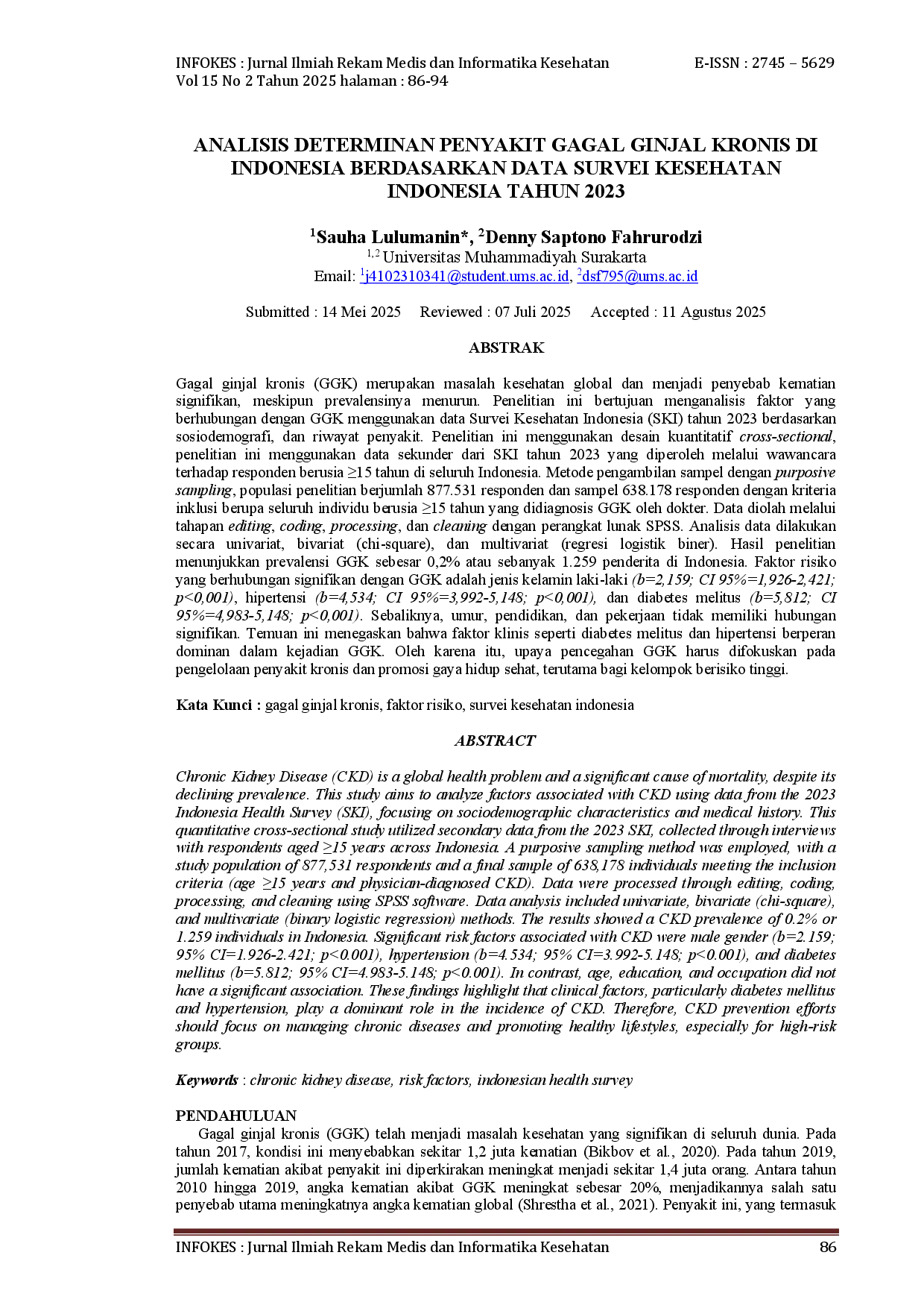juris Analisis Determinan Penyakit Gagal Ginjal Kronis Di Indonesia Berdasarkan Data Survei Kesehatan Indonesia Tahun 2023