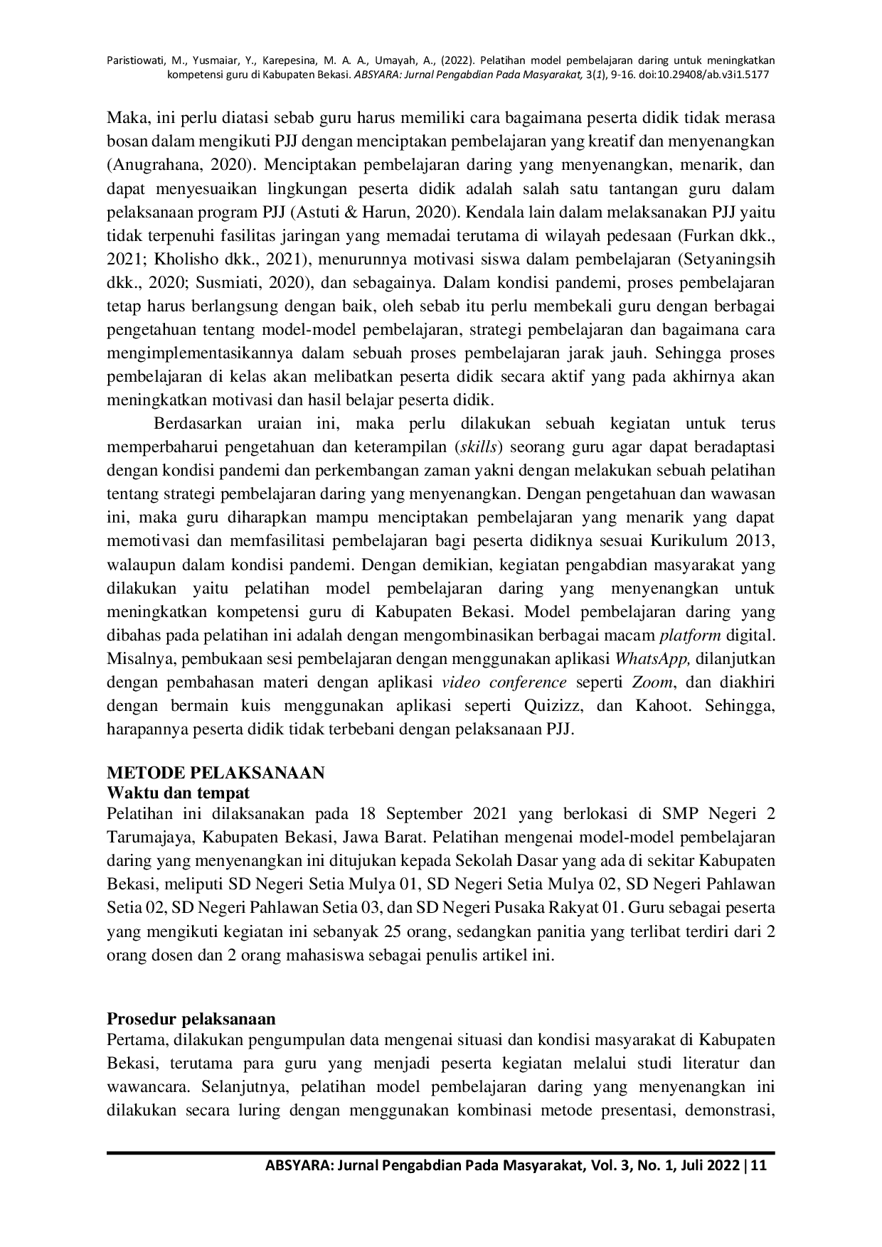 JURIS Pelatihan Model Pembelajaran Daring untuk Meningkatkan Kompetensi Guru di Kabupaten Bekasi