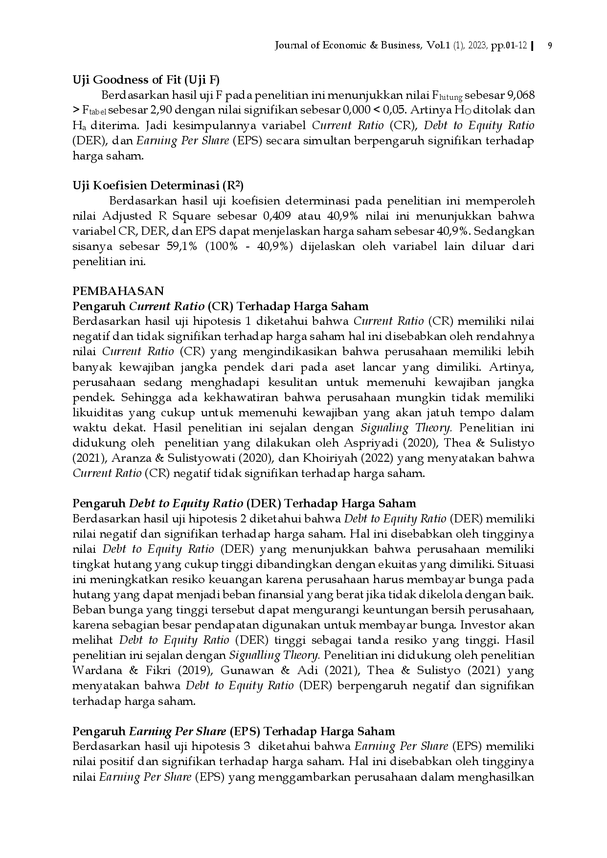 juris Pengaruh Kinerja Keuangan Terhadap Harga Saham Pada Perusahaan Sub Sektor Perkebunan Yang Terdaftar Di BEI Periode 2017 2022