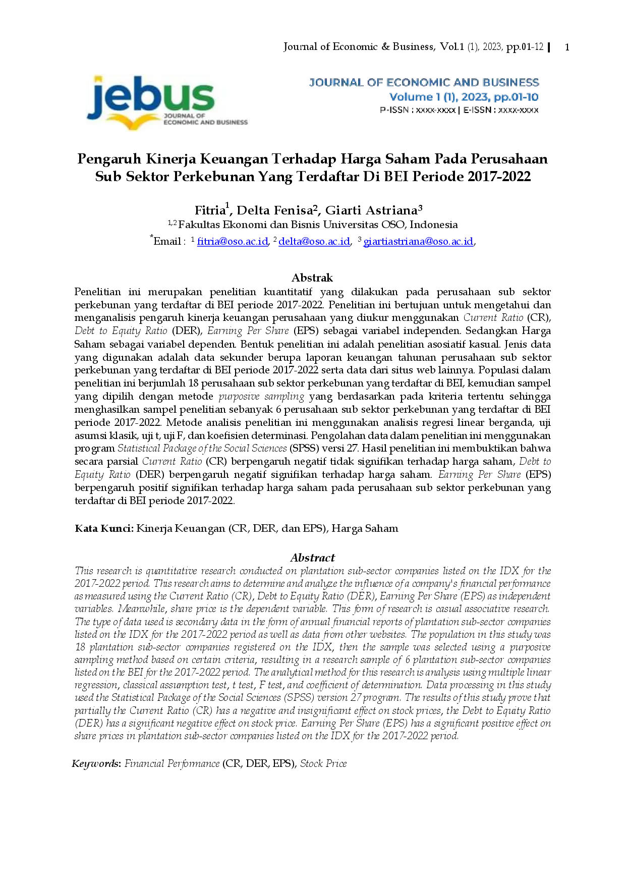 juris Pengaruh Kinerja Keuangan Terhadap Harga Saham Pada Perusahaan Sub Sektor Perkebunan Yang Terdaftar Di BEI Periode 2017 2022