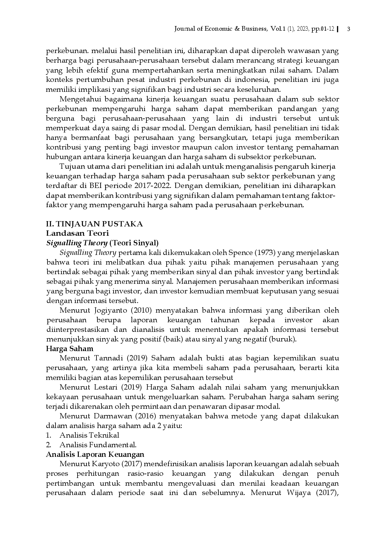 juris Pengaruh Kinerja Keuangan Terhadap Harga Saham Pada Perusahaan Sub Sektor Perkebunan Yang Terdaftar Di BEI Periode 2017 2022