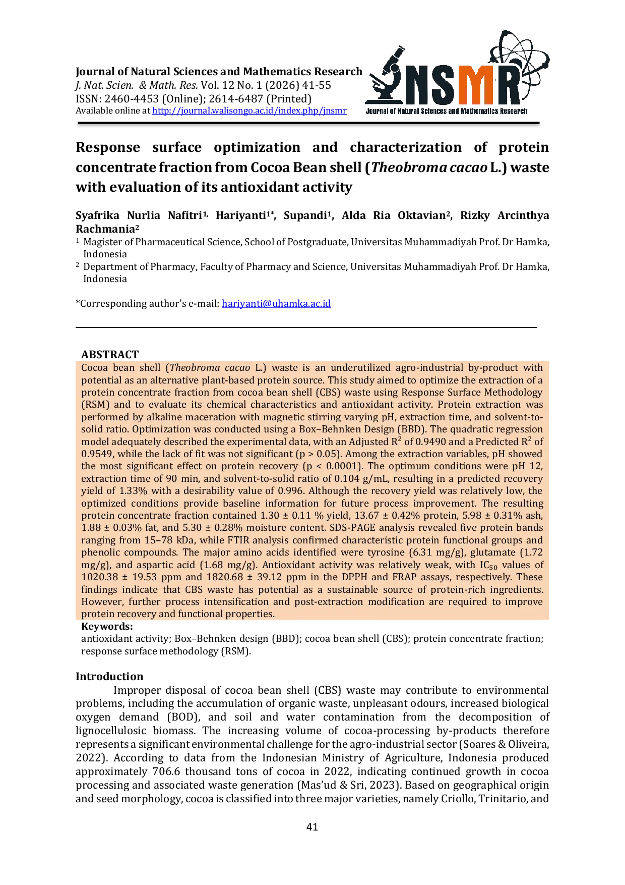 JURIS Response surface optimization and characterization of protein concentrate fraction from Cocoa Bean shell Theobroma cacao L waste with evaluation of its antioxidant activity