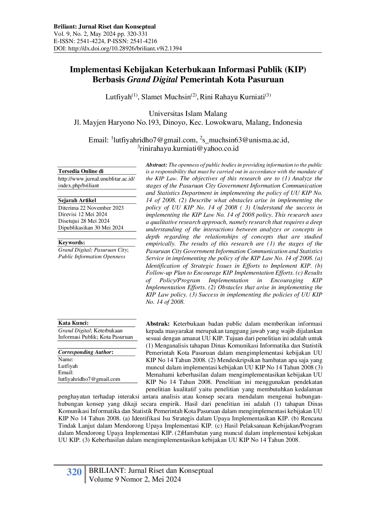 JURIS Implementasi Kebijakan Keterbukaan Informasi Publik KIP Berbasis Grand Digital Pemerintah Kota Pasuruan