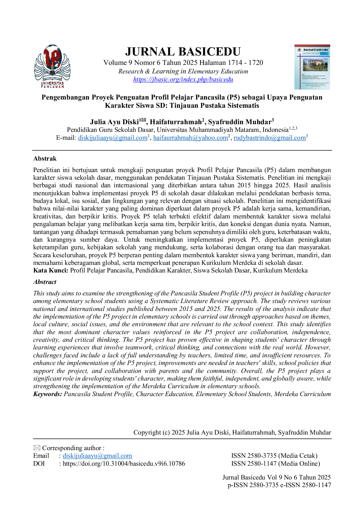 JURIS Pengembangan Proyek Penguatan Profil Pelajar Pancasila P5 sebagai Upaya Penguatan Karakter Siswa SD Tinjauan Pustaka Sistematis