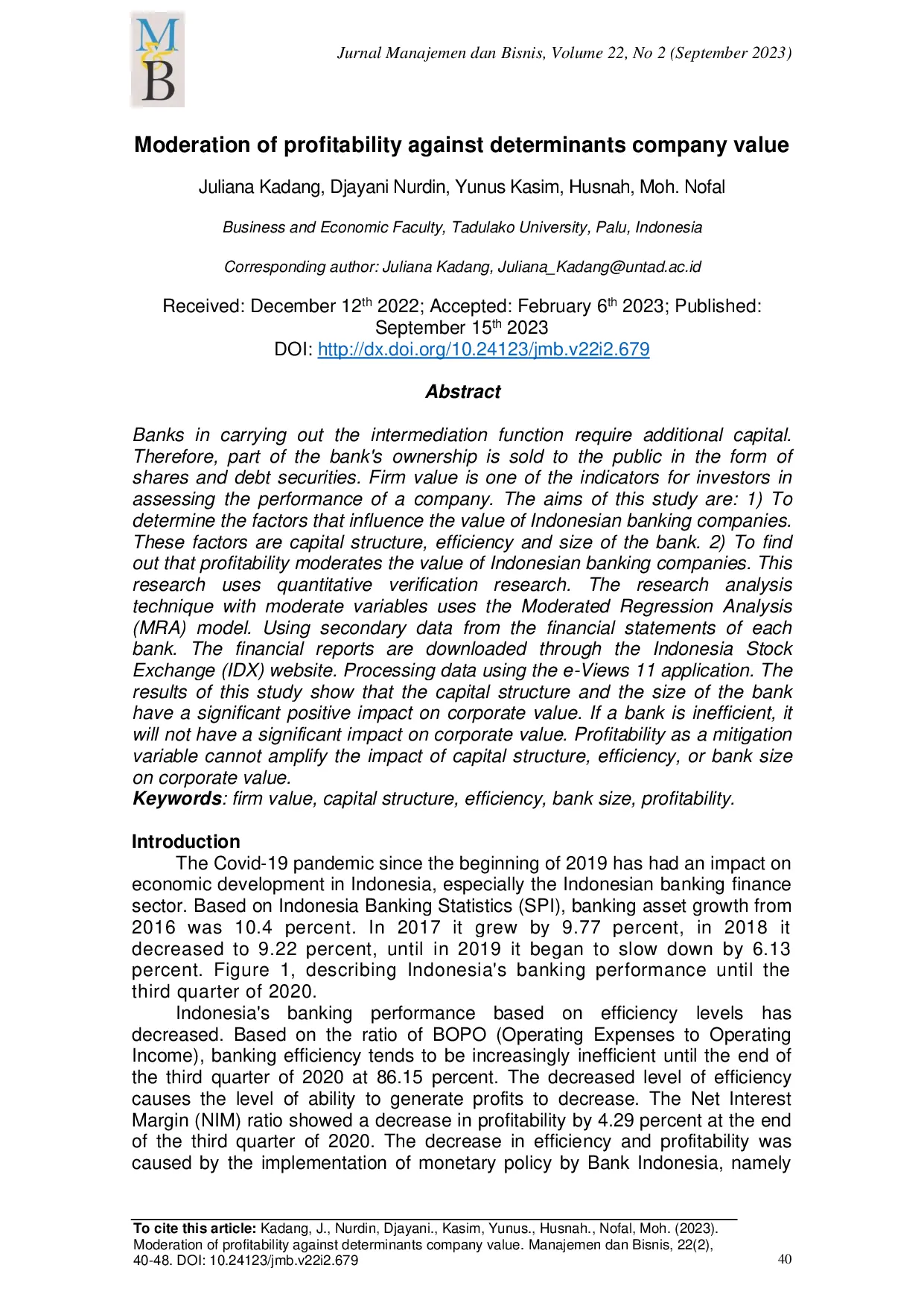 JURIS Moderation of profitability against determinants company value