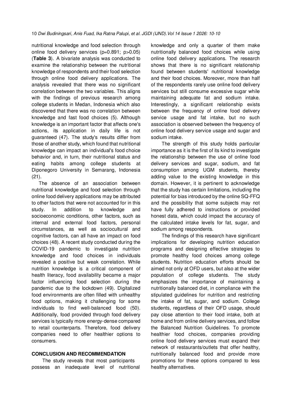 JURIS Nutrition Knowledge Online Food Delivery Usage and Eating Habits Among College Students