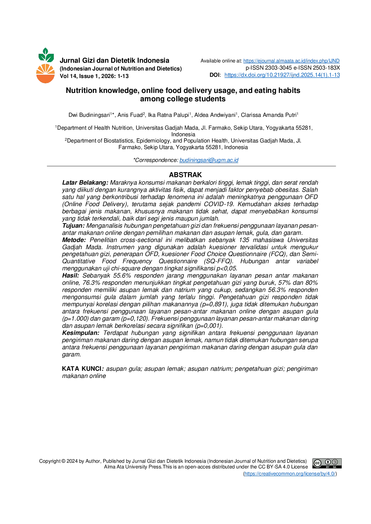 JURIS Nutrition Knowledge Online Food Delivery Usage and Eating Habits Among College Students