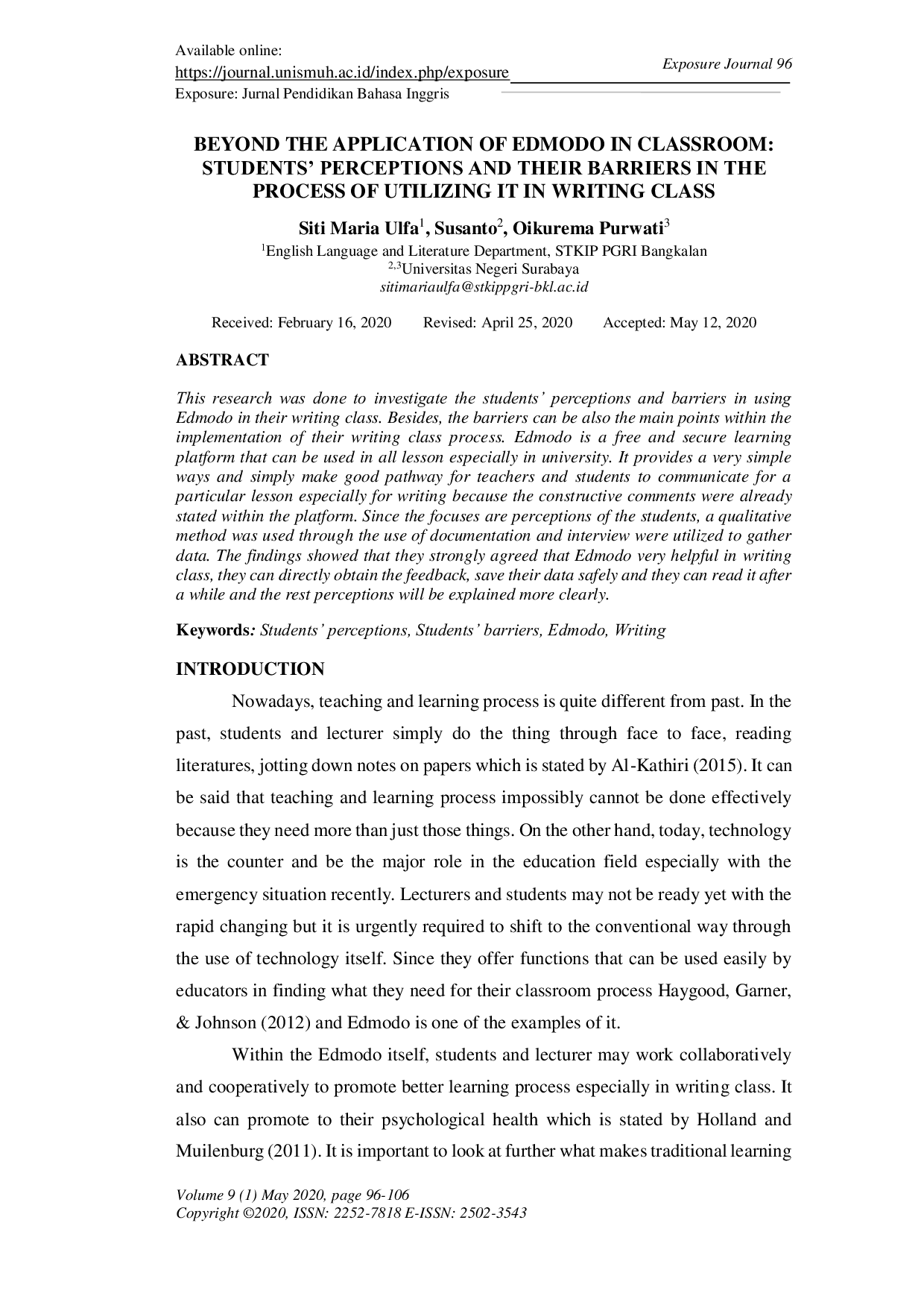 JURIS Beyond The Application of Edmodo in Classroom Students Perception and Their Barriers in The Process of Utilizing It in Writing Class
