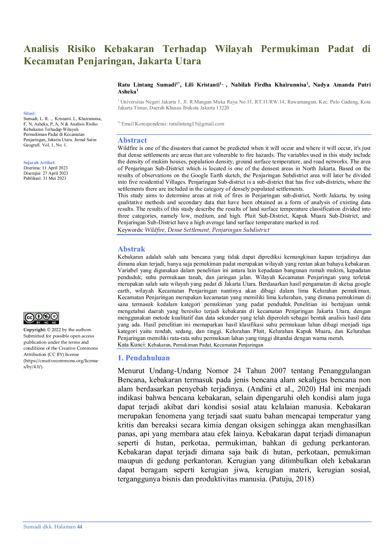 JURIS Analisis Risiko Kebakaran Terhadap Wilayah Permukiman Padat di Kecamatan Penjaringan Jakarta Utara